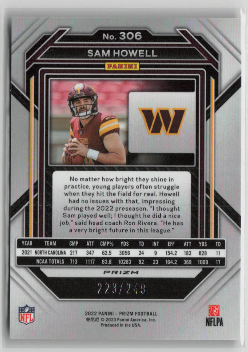 2023 Panini Prizm Sam Howell Rookie Card Orange Parallel 223/249 #306 - Perfect for NFL Collectors and Fantasy Football Fans