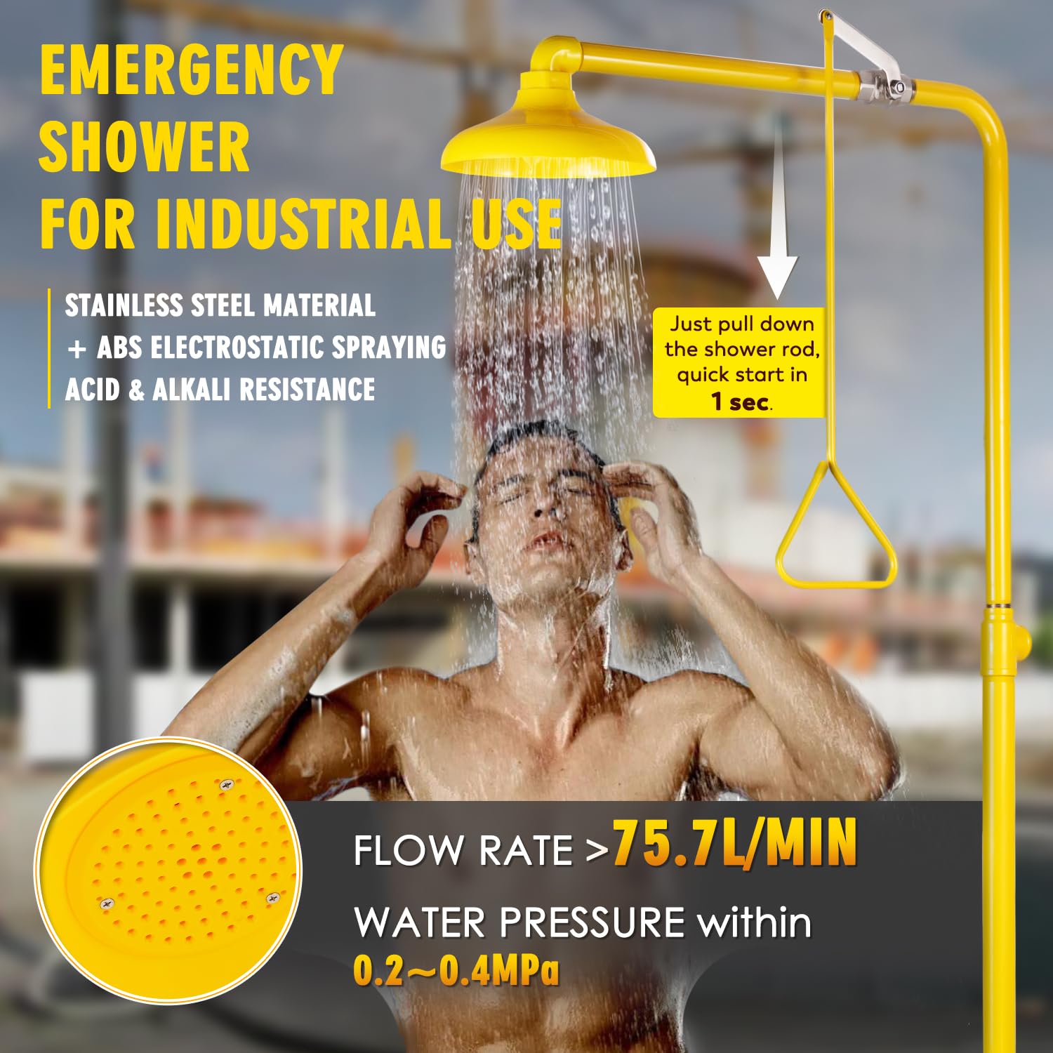 CGOLDENWALL Emergency Shower & Eye Wash Station Combo - 304 Stainless Steel with Yellow Coating, NPT Thread & Safety Sign - Ideal for Laboratories, Factories & Chemical Plants