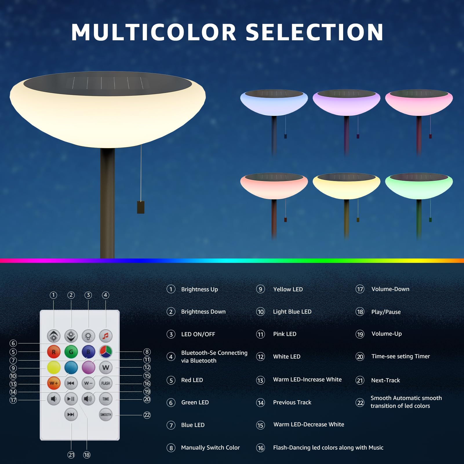 Solar Powered Outdoor Floor Lamp with Bluetooth Speaker - 8 Color Changing LED Lights, IP44 Waterproof, Solar Charging - Perfect for Patio, Balcony, Garden, Backyard & Poolside Lighting