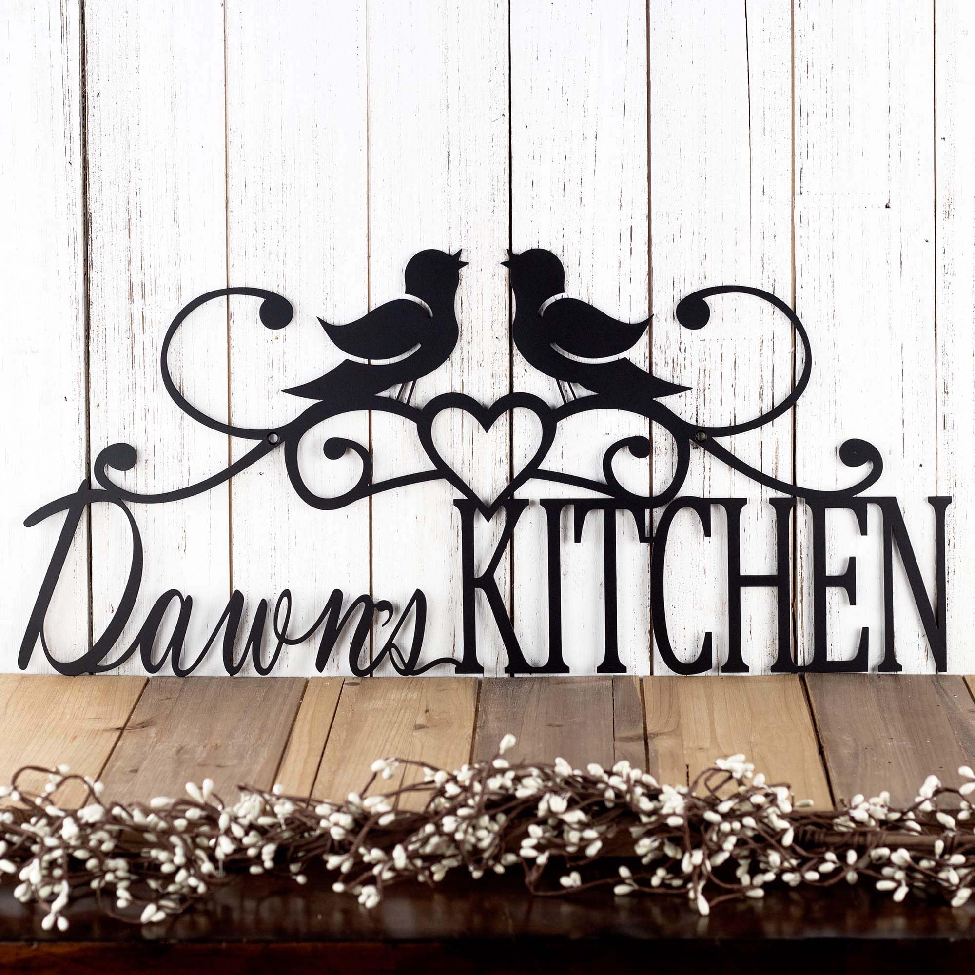 Custom Metal Kitchen Name Sign with Birds, Heart & Scrolls - Personalized Home Decor for Farmhouse, Rustic & Country Style Kitchens
