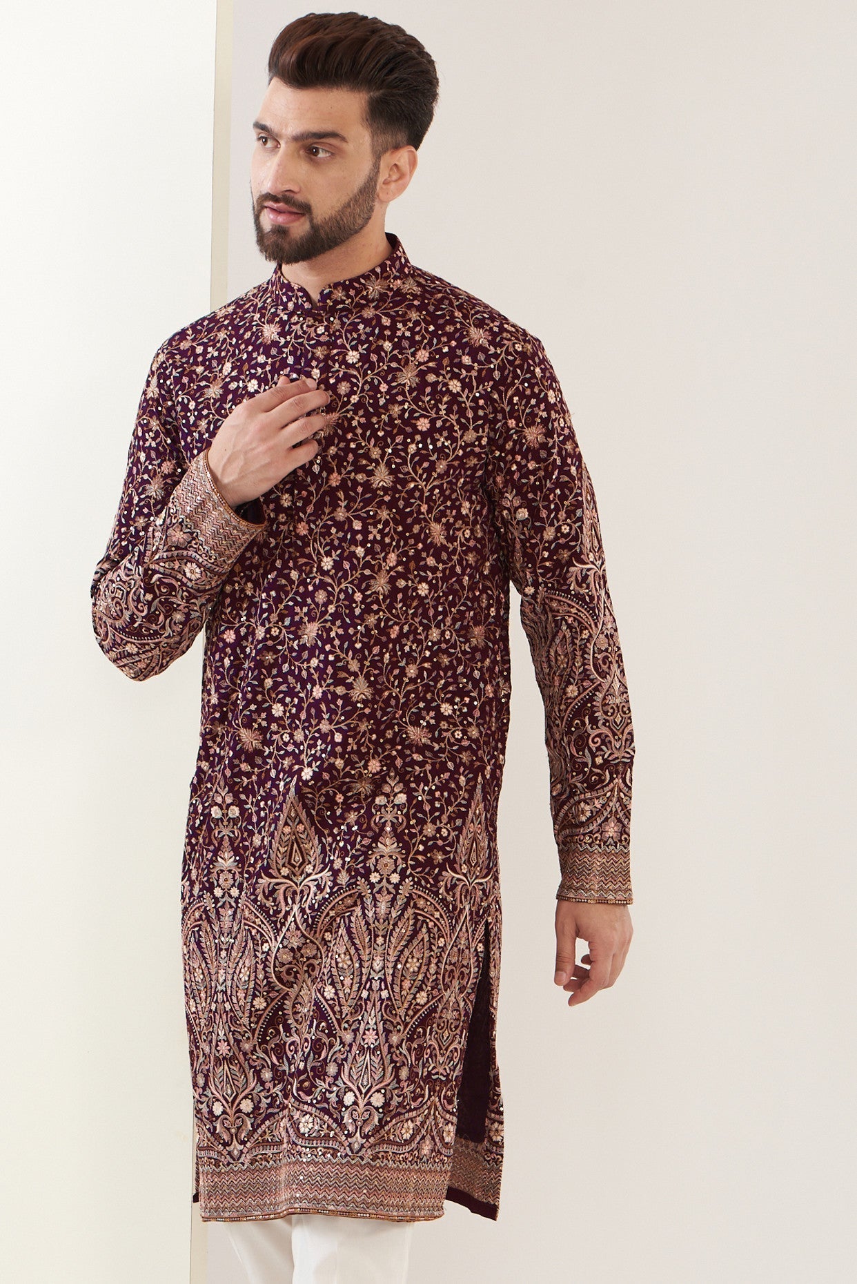 Elegant Maroon Embroidered Kurta for Men & Women | Traditional Indian Ethnic Wear | Perfect for Weddings, Festivals & Casual Outings