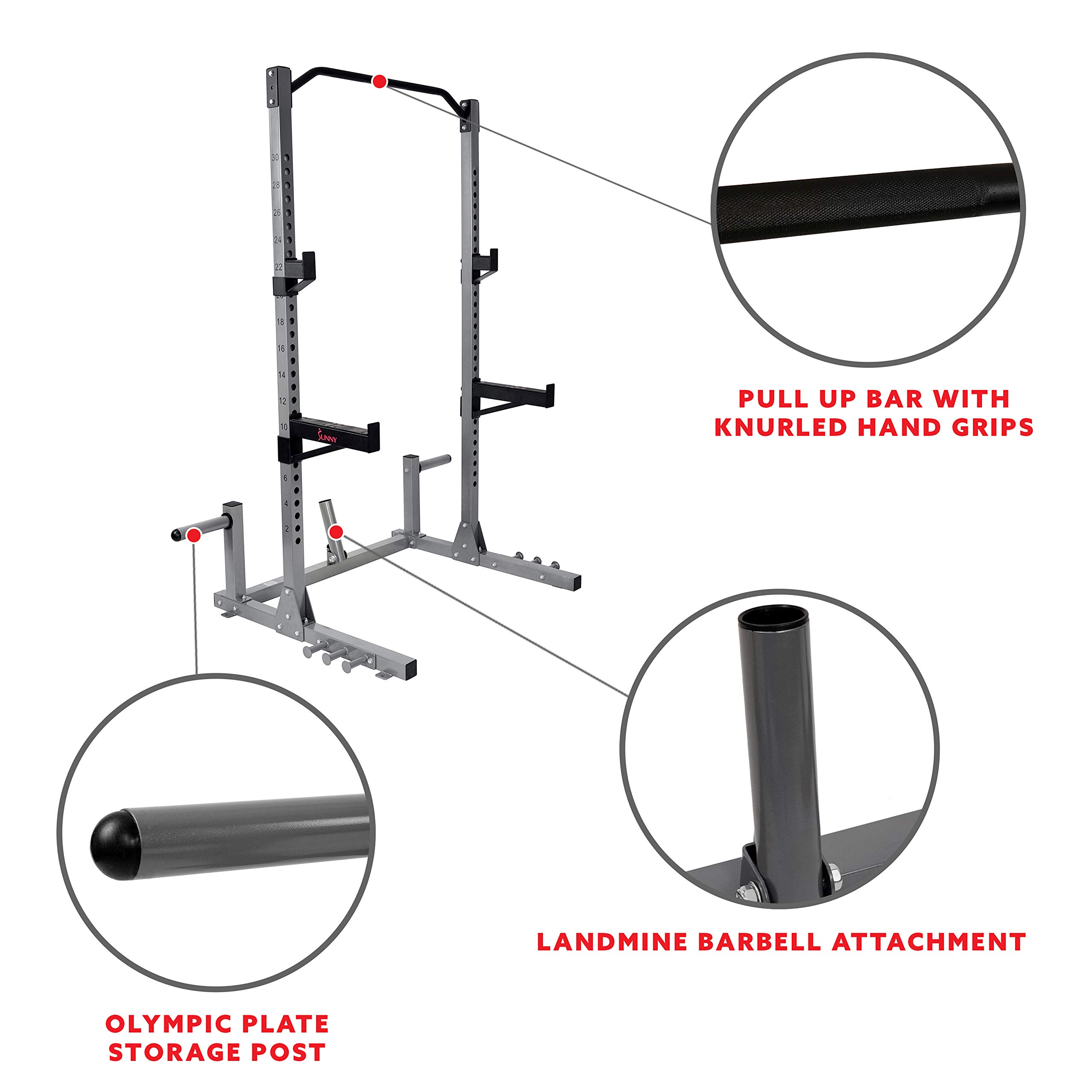 Sunny Health & Fitness Power Cage & Squat Rack - Heavy Duty 1000lb Capacity with Adjustable J-Hooks, Pull-Up Bar, Weight Plate Storage & Resistance Band Attachments for Home Gym Strength Training & CrossFit Workouts