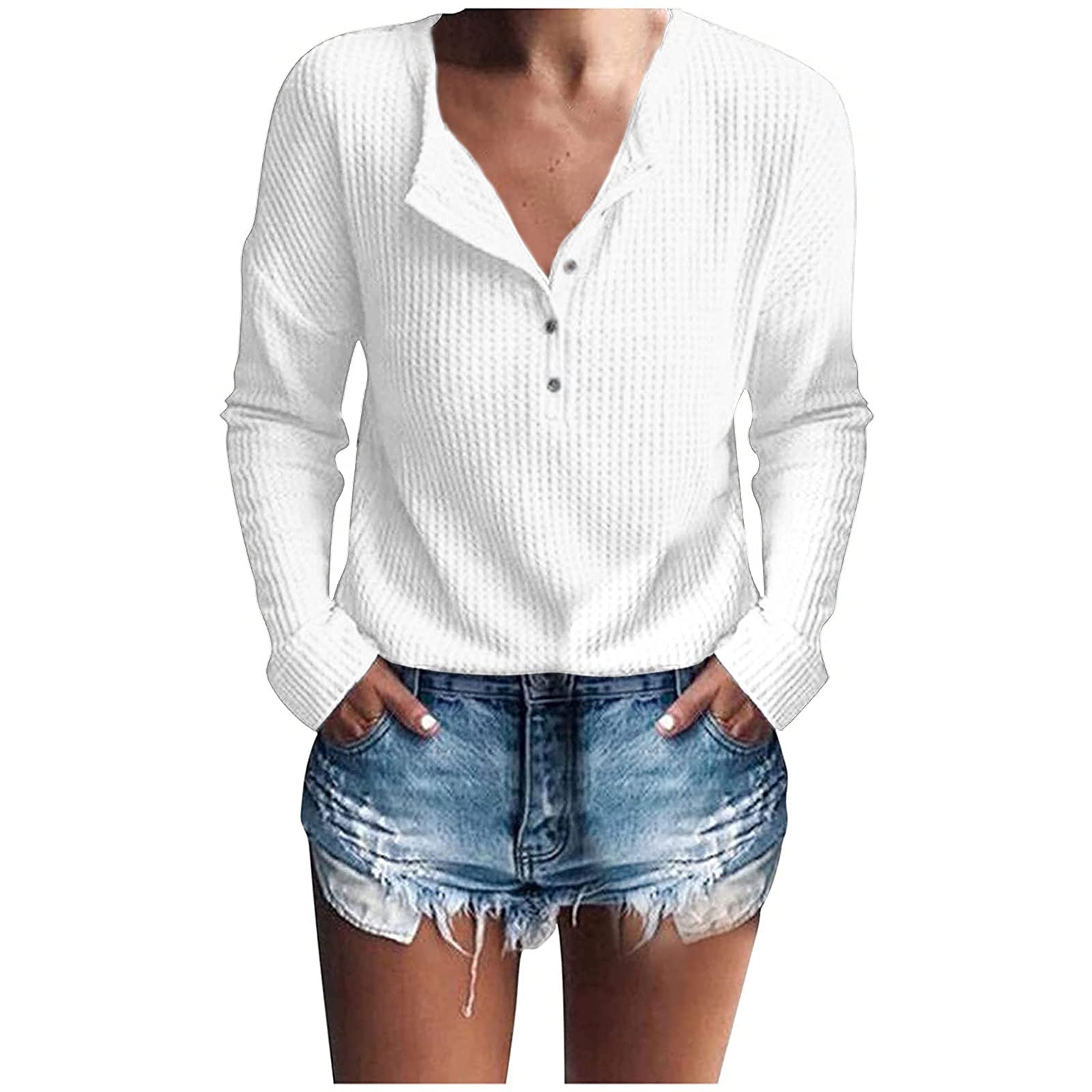 Women's Waffle Knit Henley Shirt - Long Sleeve Ribbed Button Down Blouse, Loose Fit Casual Tunic Top for Everyday Wear | Perfect for Work, Weekend & Layering