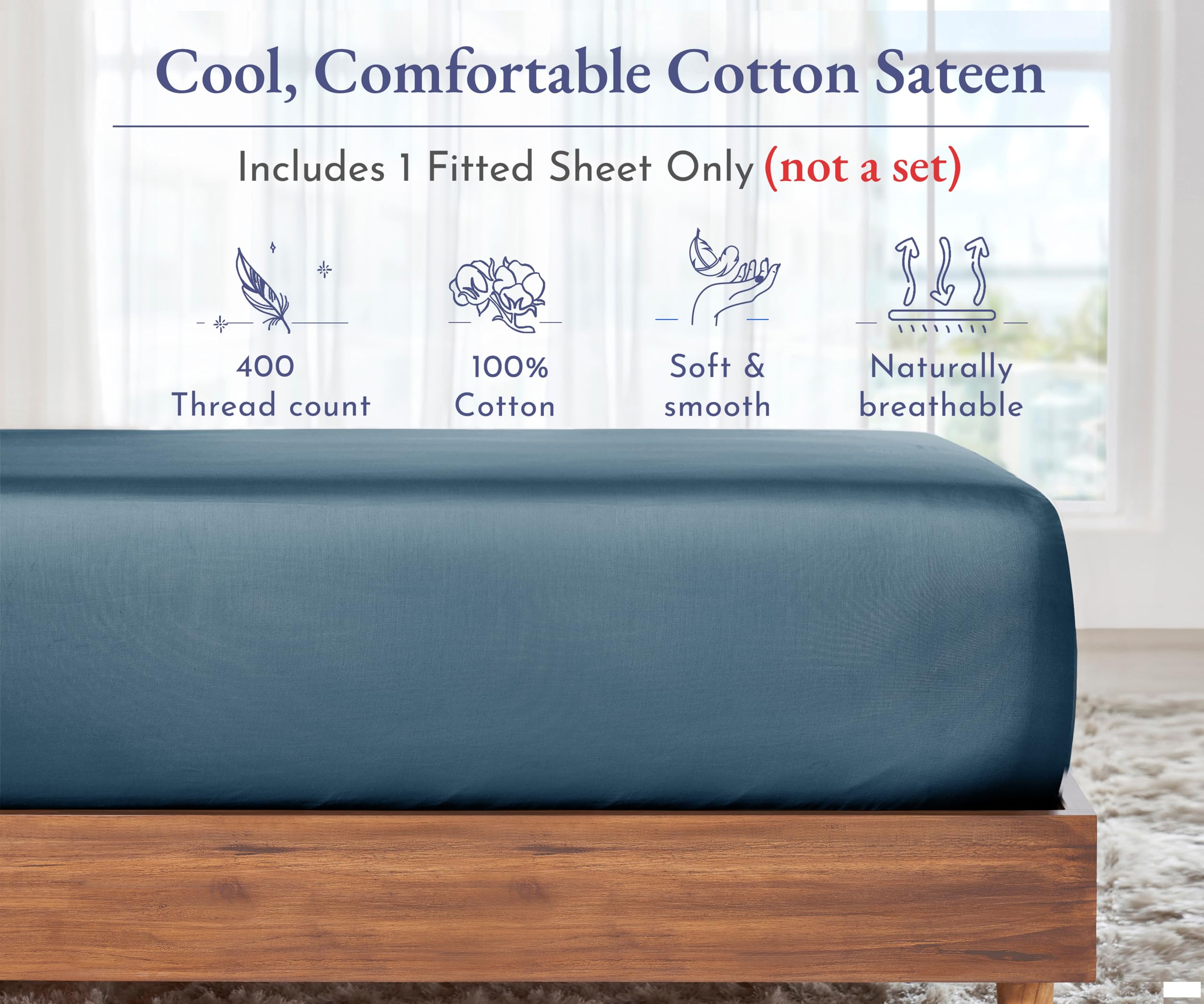 California Design Den 100% Cotton Sateen Fitted Sheet Queen Size - 400 Thread Count, Deep Pocket, Soft & Durable with No Pop-Off Elastic - Perfect for Master Bedrooms, Guest Rooms & Vacation Homes (Peacock Blue)