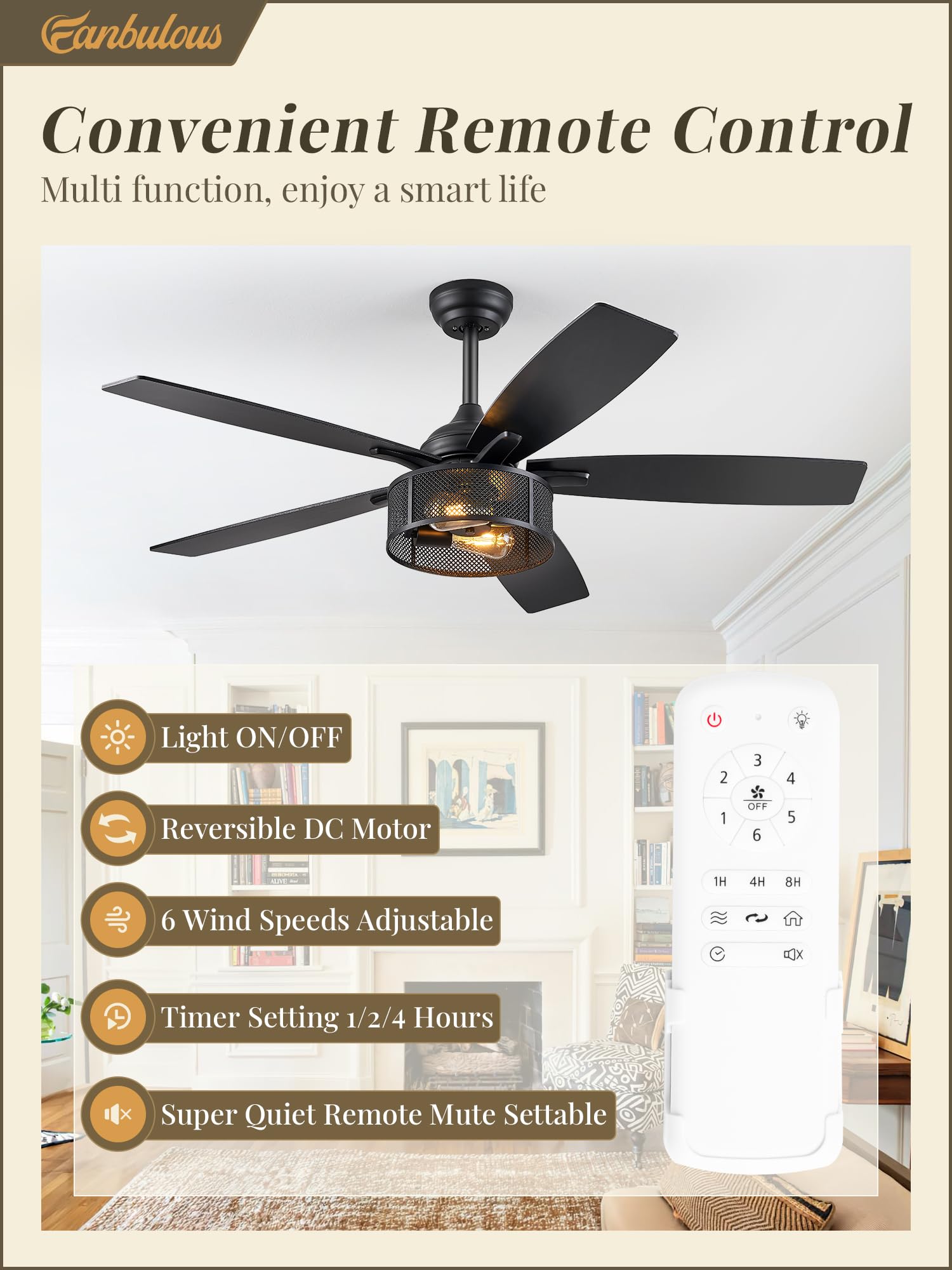 52 Inch Black Industrial Caged Ceiling Fan with Lights & Remote - 6 Speed Reversible Quiet DC Motor, Dual Finish 5 Blades - Farmhouse Style for Bedroom, Living Room & Kitchen - Perfect for Home Cooling and Decoration