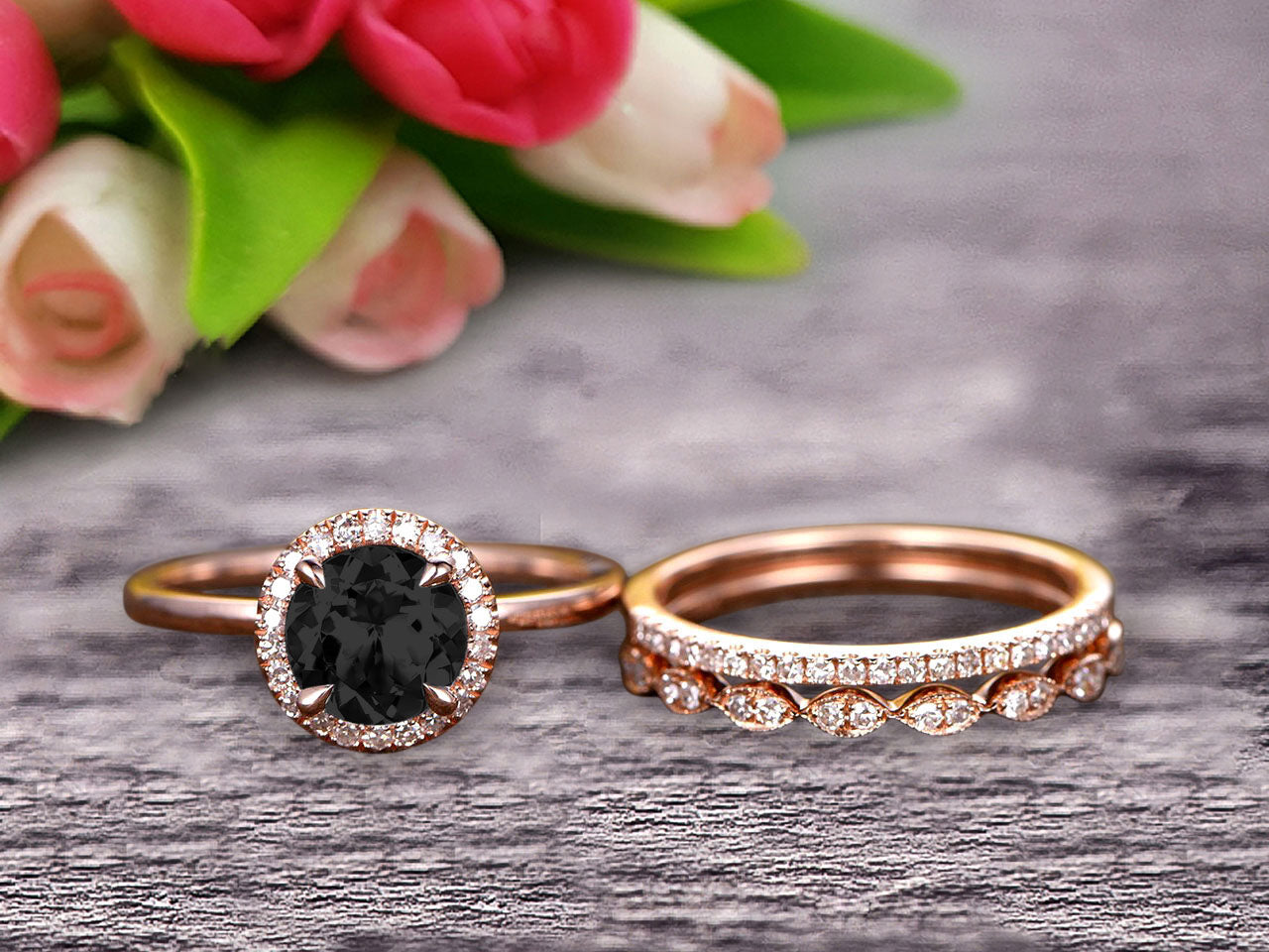 1.75 Carat Round Cut Black Diamond Moissanite Wedding Ring Set - 10k Rose Gold Matching Band for Women - Art Deco Trio Anniversary Gift - Perfect for Engagement, Wedding & Special Occasions
