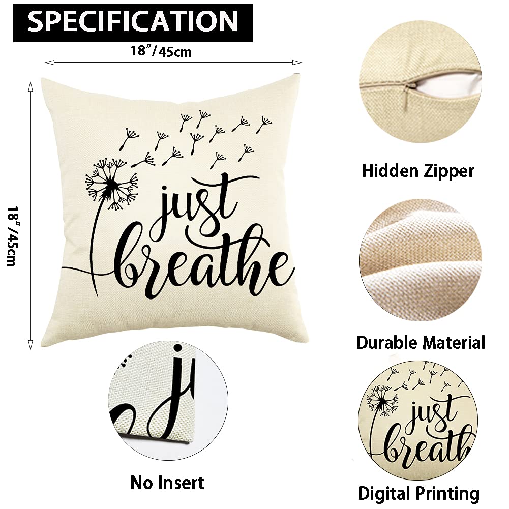 Farmhouse Pillow Covers 18x18 Inch - Rustic Home Decor with 'Just Breathe' Quote - Cozy Living Room Throw Pillow Cases for Sofa, Bedroom & Housewarming Gifts