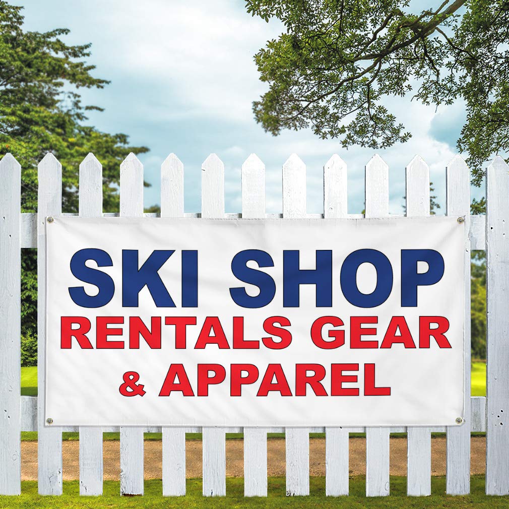 Durable 60x144 Inches Vinyl Banner with 10 Grommets - Weatherproof Outdoor Sign for Ski Shop Rentals, Gear & Apparel (Blue/Red) - Perfect for Business, Industrial & Yard Use