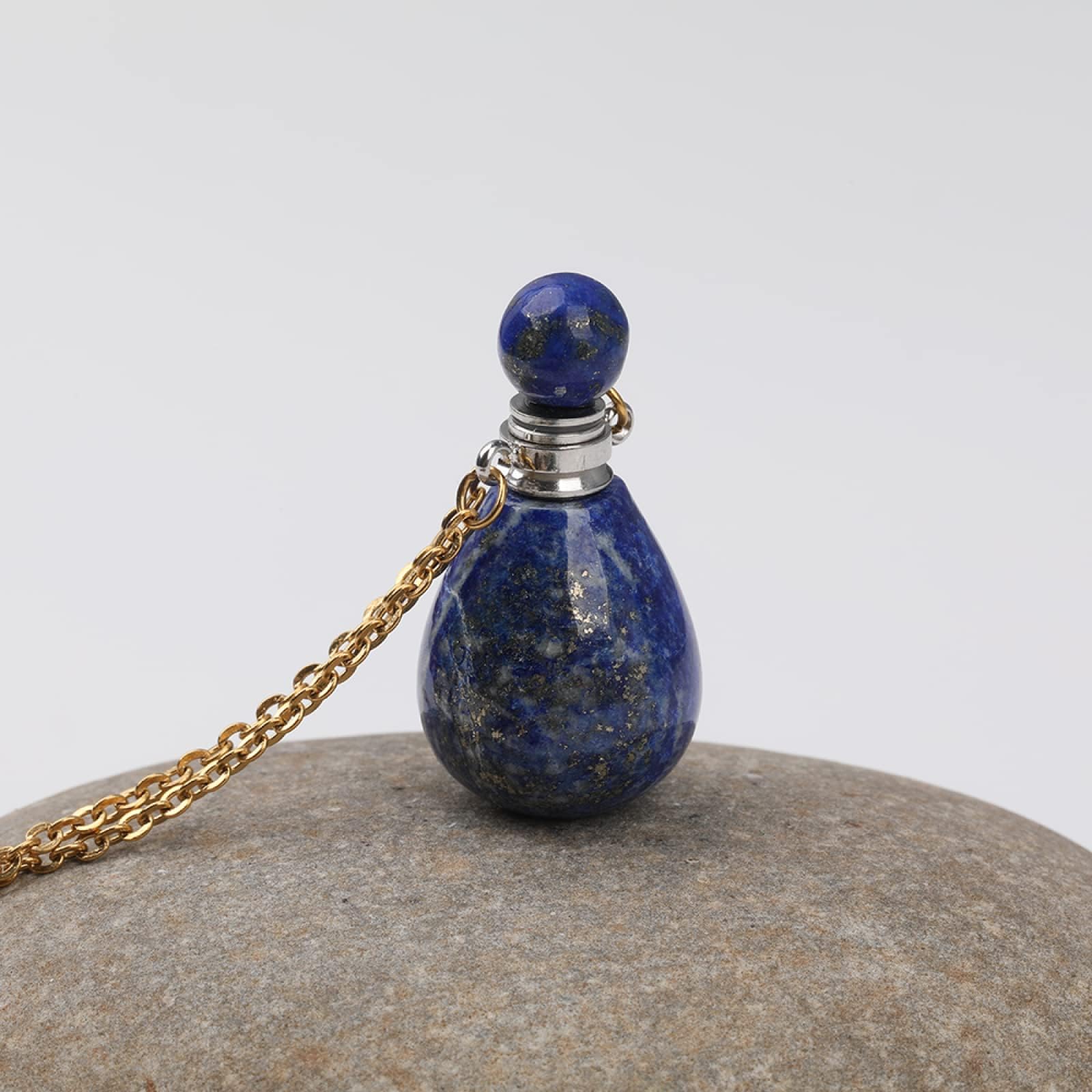 Natural Stone Perfume Bottle Pendant Necklace for Women - White Gold Plated Stainless Steel Jewelry with Aromatherapy Essential Oil Diffuser - Perfect for Daily Wear, Gifts & Meditation Accessories