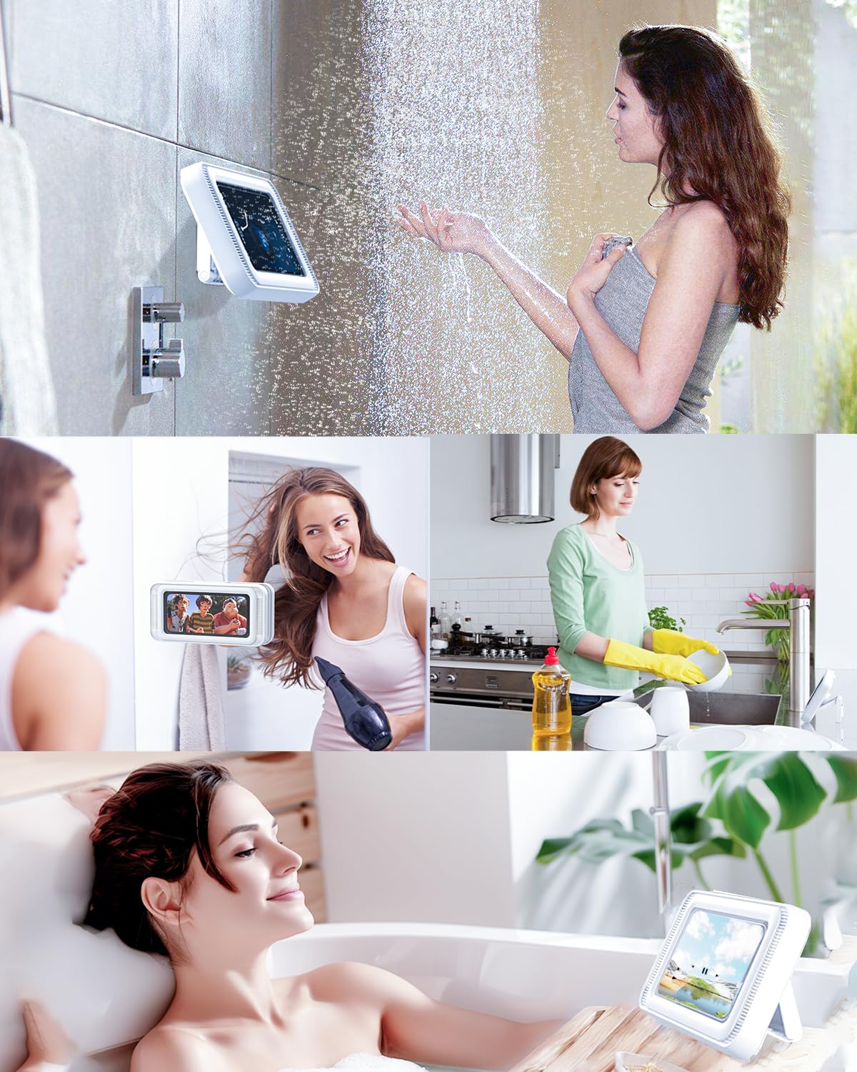 Waterproof Shower Phone Holder with Speaker - Universal Mount for Bathroom, Bathtub, Kitchen & Wall Mirror - Fits Smartphones up to 7 Inches (White) - Perfect for Hands-Free Music, Videos & Calls in Wet Areas