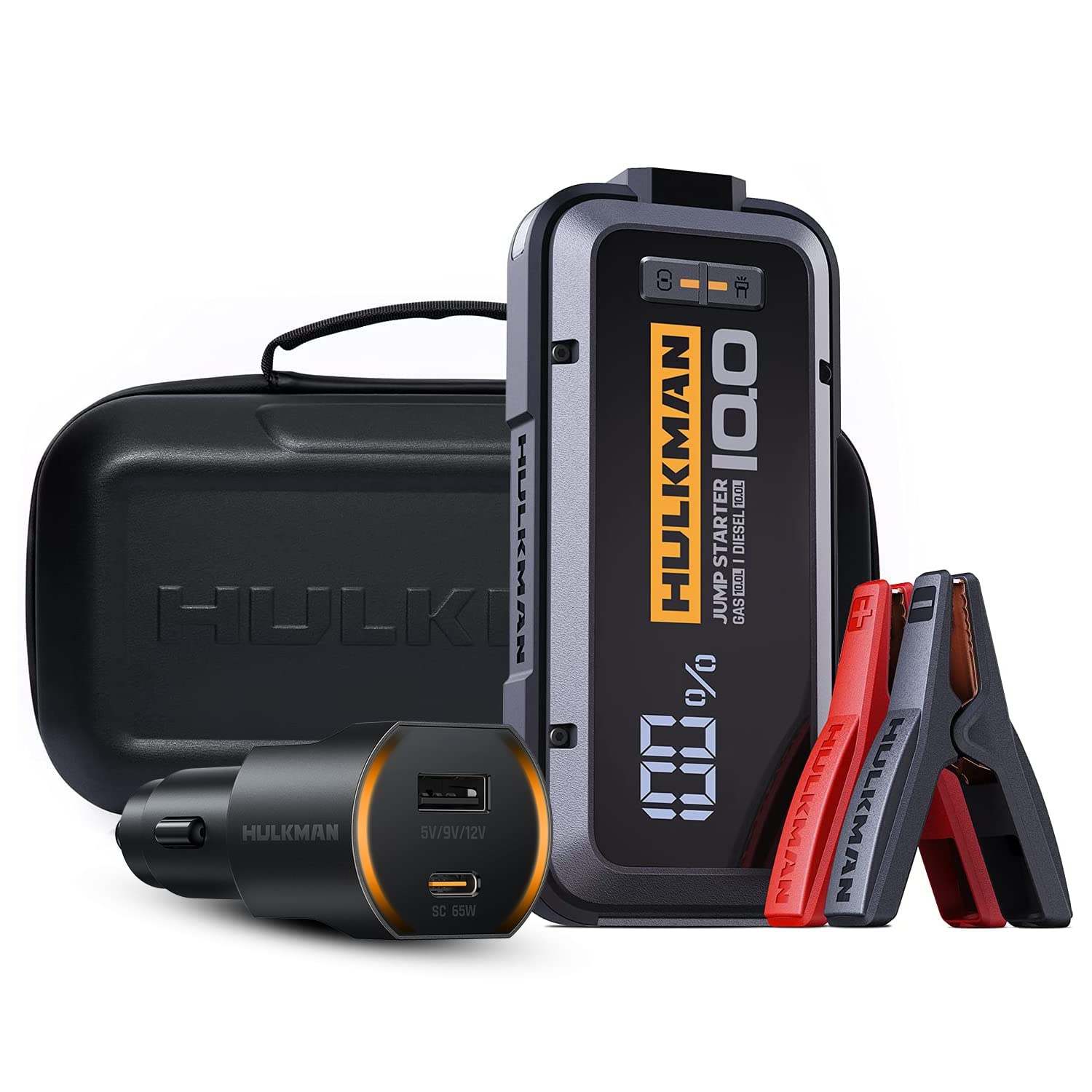 HULKMAN Alpha 100 Smart Car Jump Starter with -40℉ Preheat Technology, 65W Fast USB Charger & Cigarette Lighter Adapter - Portable Power Bank for Emergency Vehicle Jump Start, Roadside Assistance & Camping Power Supply