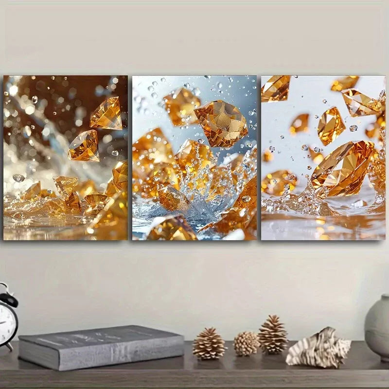 3-Piece Yellow Diamonds Crystal Wall Art Set - Framed Canvas 40x60cm (16x24 inches) | High Quality Print | Australian Made | Ready to Hang | Perfect for Living Room, Bedroom & Office Decor