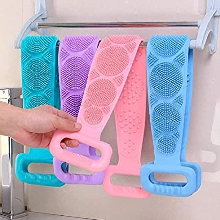 KAWNA Silicone Body Scrubber & Exfoliating Bath Brush Belt - Gentle Skin Cleansing for Men, Women & Kids - Multicolor Shower Scrubber for Dead Skin Cell Removal & Spa-Like Exfoliation (Perfect for Shower, Bath & Travel Use)
