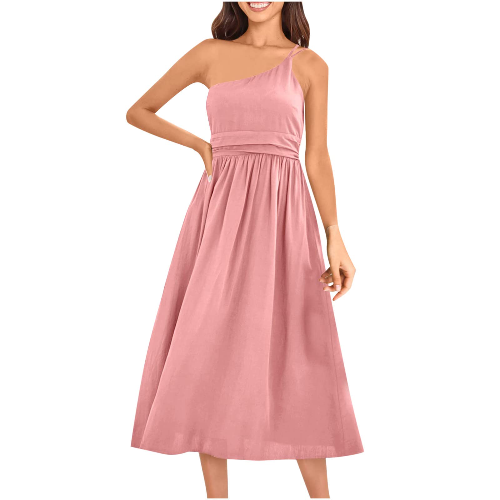 Elegant Floral Print One Shoulder Dress for Women - High Waist Flowy Midi Dress Sleeveless Summer Casual Dress for Beach Vacation, Party & Date Night