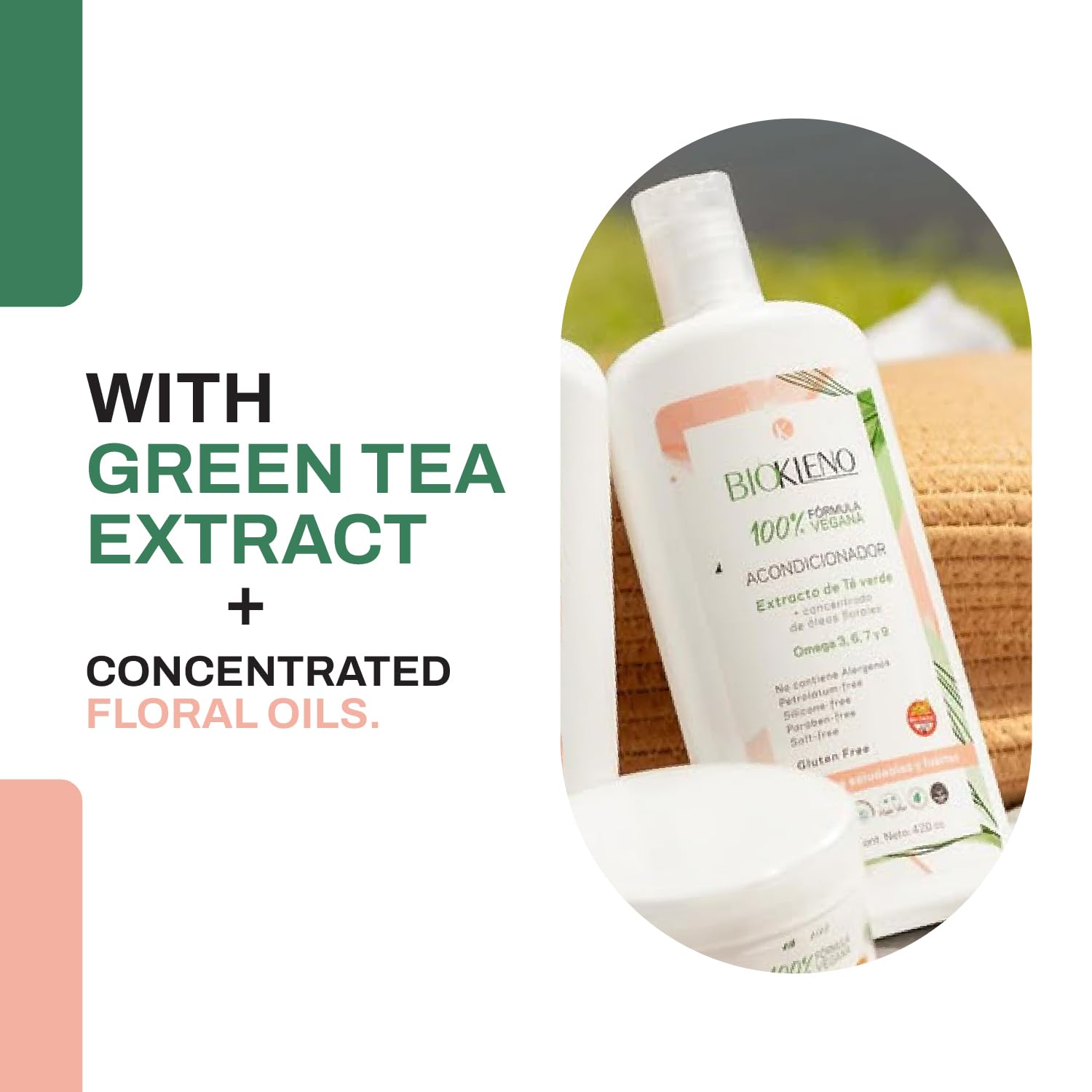 Biokleno Vegan Hair Conditioner with Green Tea Extract & Essential Oils - Omega 3,6,7,9 for Hair Repair & Nourishment - Paraben Free, Gluten Free - 14.2 fl oz - Perfect for Dry, Damaged Hair & Daily Hydration