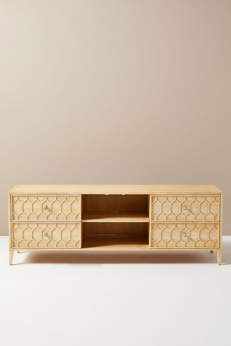 Sand-Colored Carved Textured Trellis TV Stand | Modern Entertainment Center for Living Room, Home Theater & Media Storage