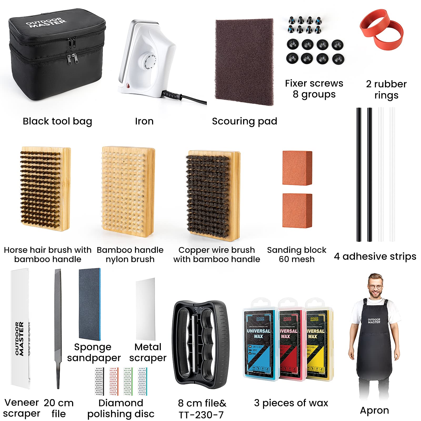OutdoorMaster Ski & Snowboard Tuning Kit - Waxing Iron, Universal Wax, Edge Tuner, Brush, Scraper, Ptex & Repair Tools | Complete Maintenance Set for Winter Sports Gear | Perfect for Home Tuning & Professional Snowboard Care
