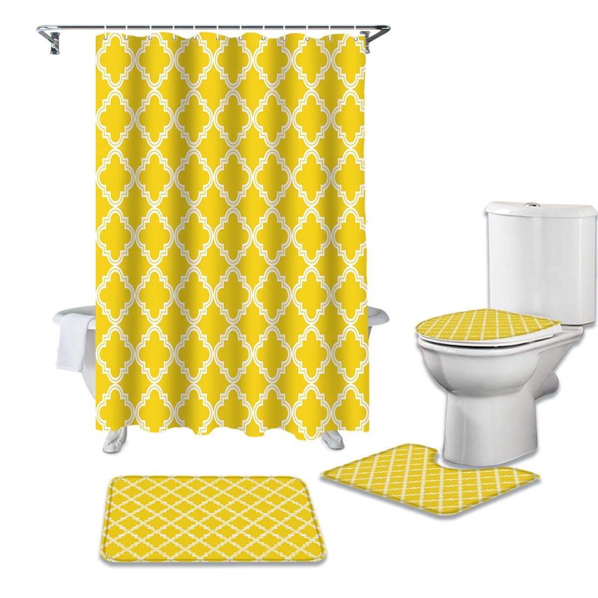 IDOWMAT Waterproof Shower Curtain Set with Non-Slip Bath Mat, Toilet Cover & 12 Hooks - Moroccan Geometric Pattern in Yellow | Complete Bathroom Decor Accessories for Modern Home, Apartment & Guest Bathroom