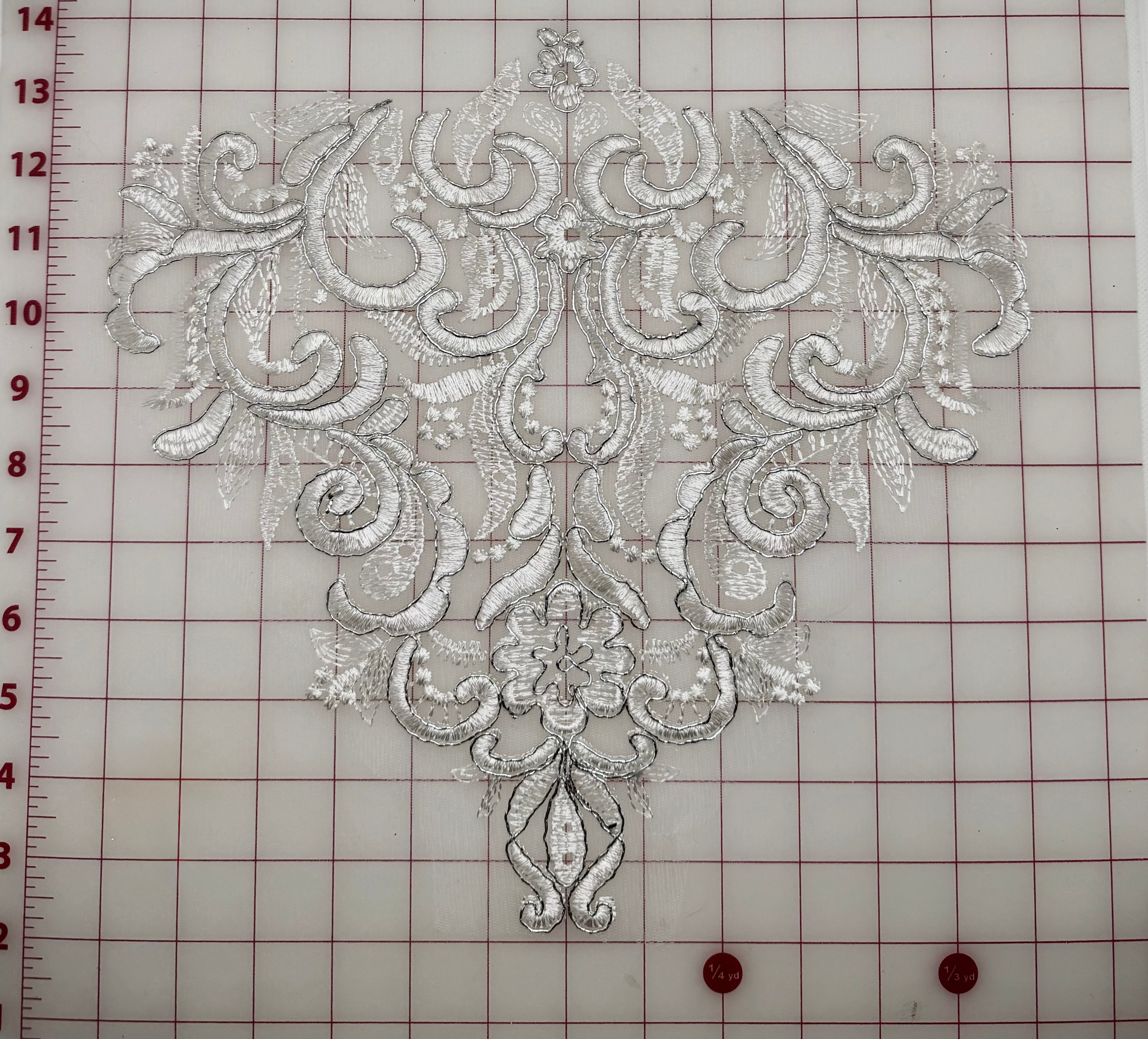 Dyeable Silver Corded Lace Applique Border - White Embroidered Trim for Wedding Dresses, DIY Crafts & Home Decor