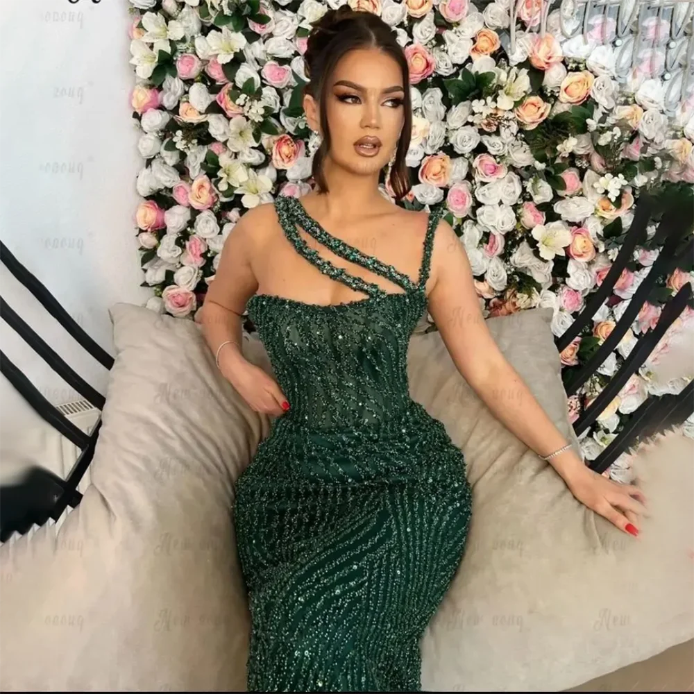 Elegant Beaded One Shoulder Mermaid Evening Gown for Women - Serene Hill Green Luxury Red Prom Dress for Wedding Party & Special Occasions | Perfect for 2025 Formal Events, Galas and Red Carpet