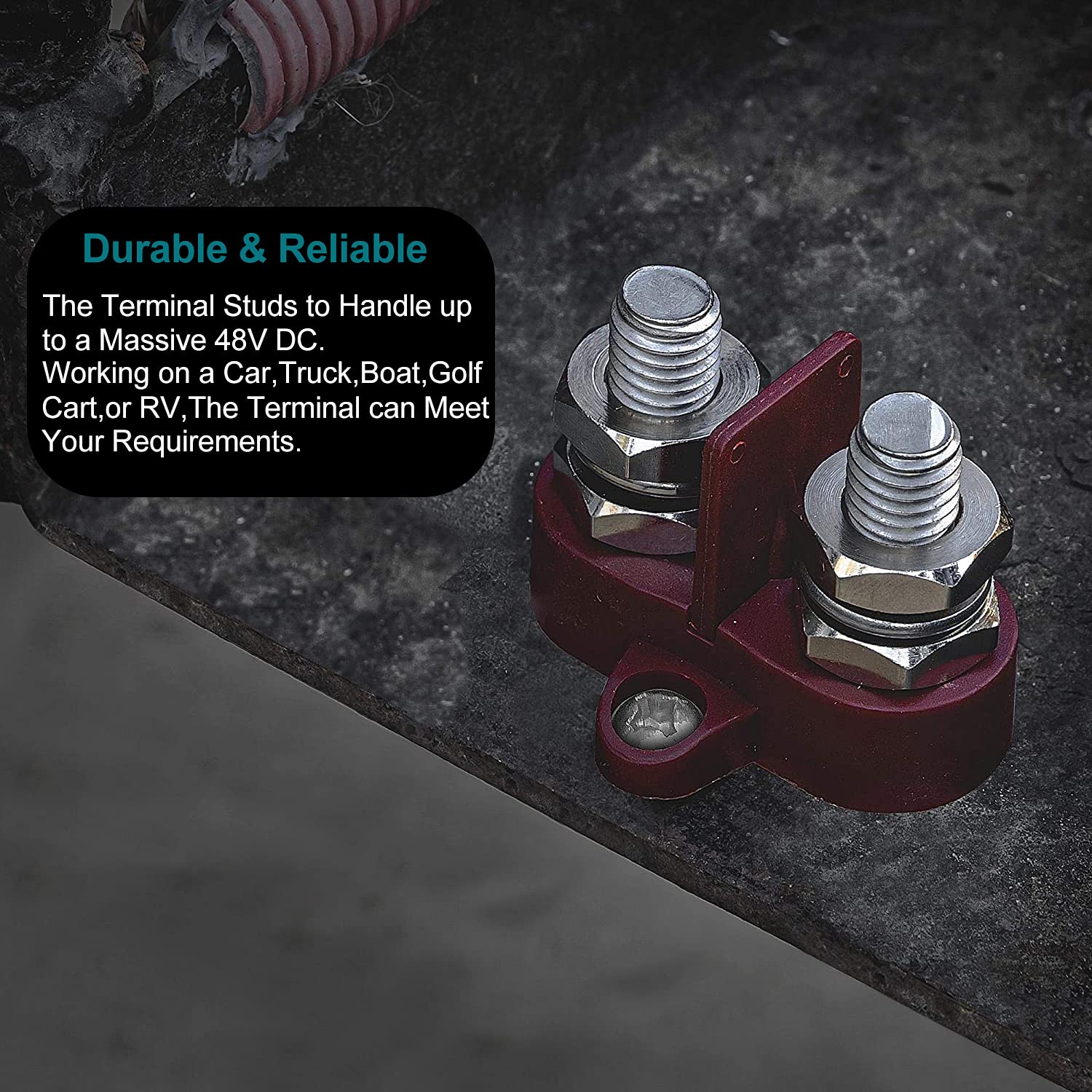 Dual Isolated Stud Battery Power Distribution Terminal Block - M10 & M8 Black & Red - Max 48V DC - Positive Insulated Junction Post for Auto, Marine, Car, Trailer, RV, Boat - Perfect for Off-Road Vehicles & Solar Power Systems