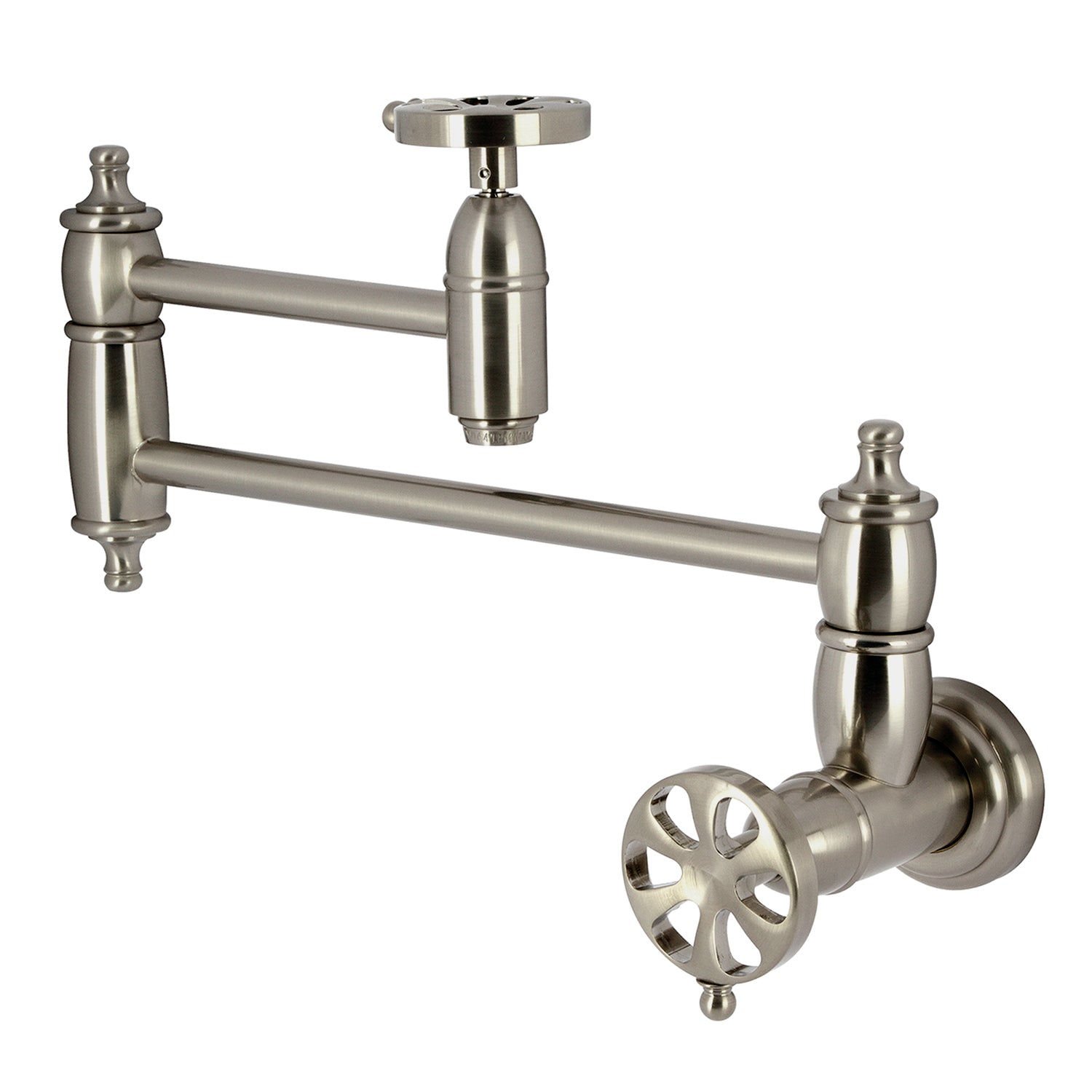 Belknap KS3108RX Brushed Nickel Two Handle Wall Mount Pot Filler Faucet - Perfect for Kitchen Sink, Stove & Cooking Area