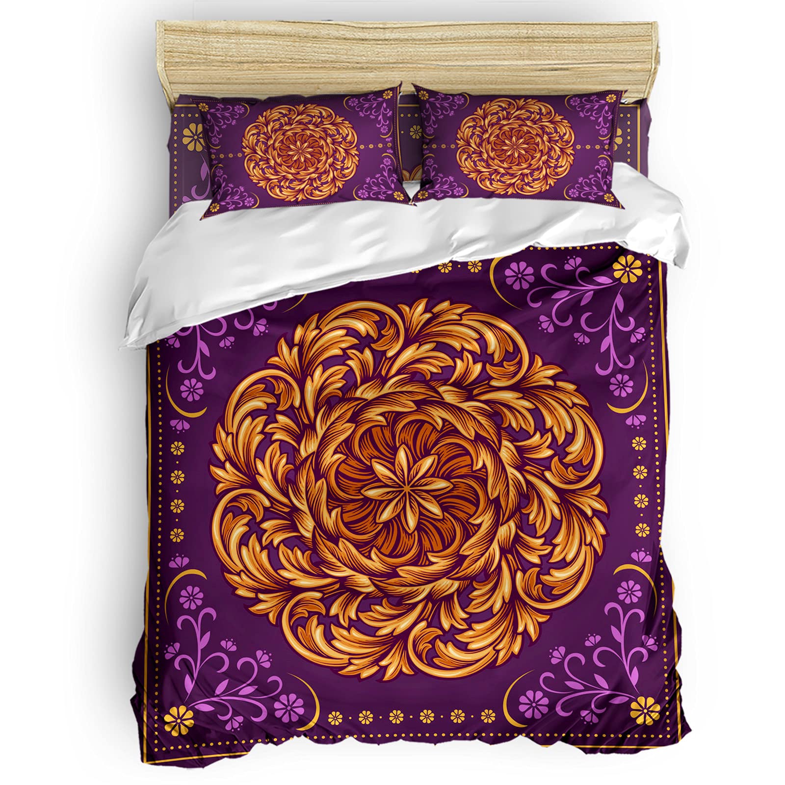 4-Piece Boho Mandala Floral Quilt Cover Set - Soft Round Golden Purple & Orange Flower Lace Bedding with Pillowcases (Full Size) for Cozy Bedroom Decor, Guest Room Makeover & Bohemian Style Home