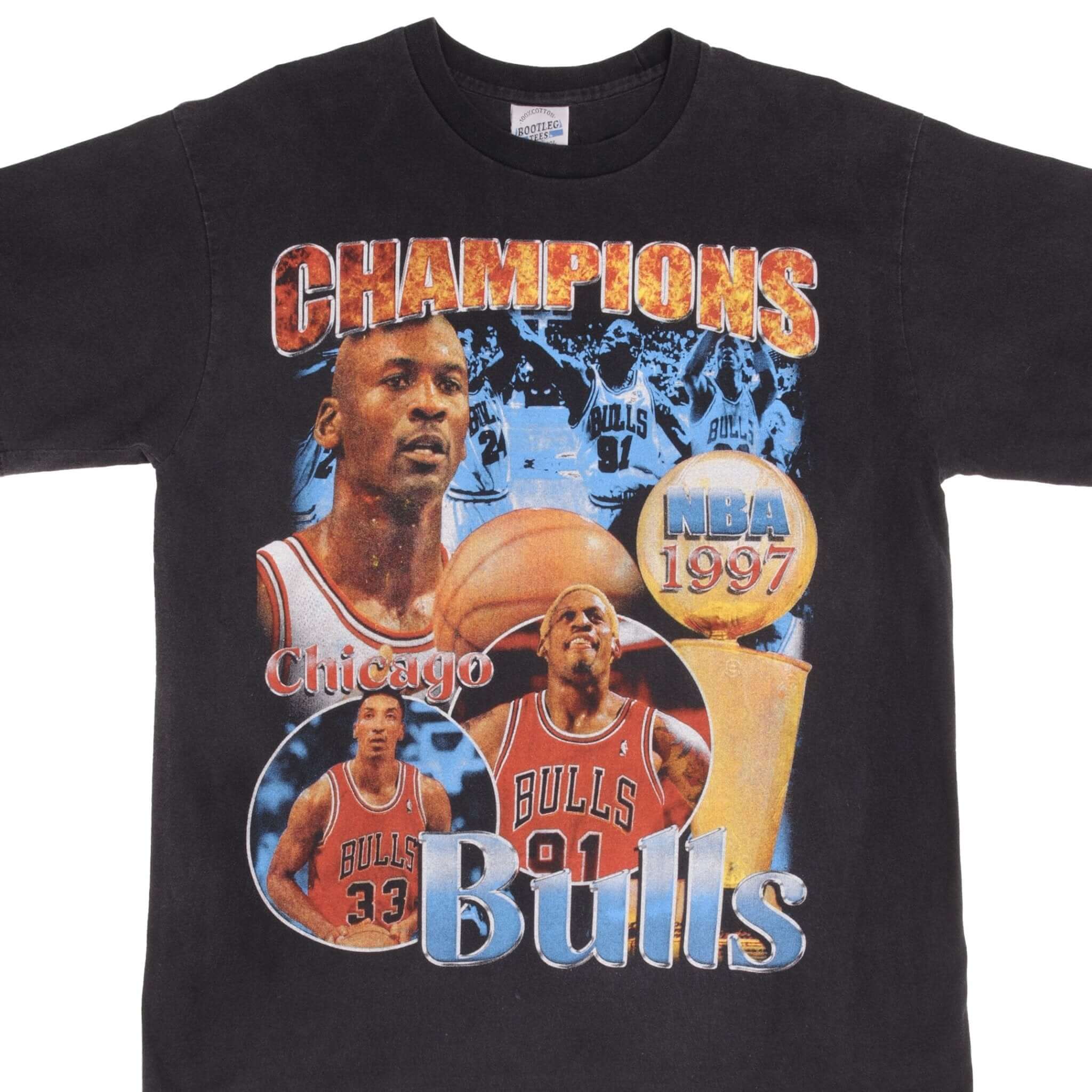 Vintage 1997 Chicago Bulls NBA Championship Bootleg Tee Shirt - XL Size, Single Stitch Design - Perfect for Retro Basketball Fans and Streetwear Style