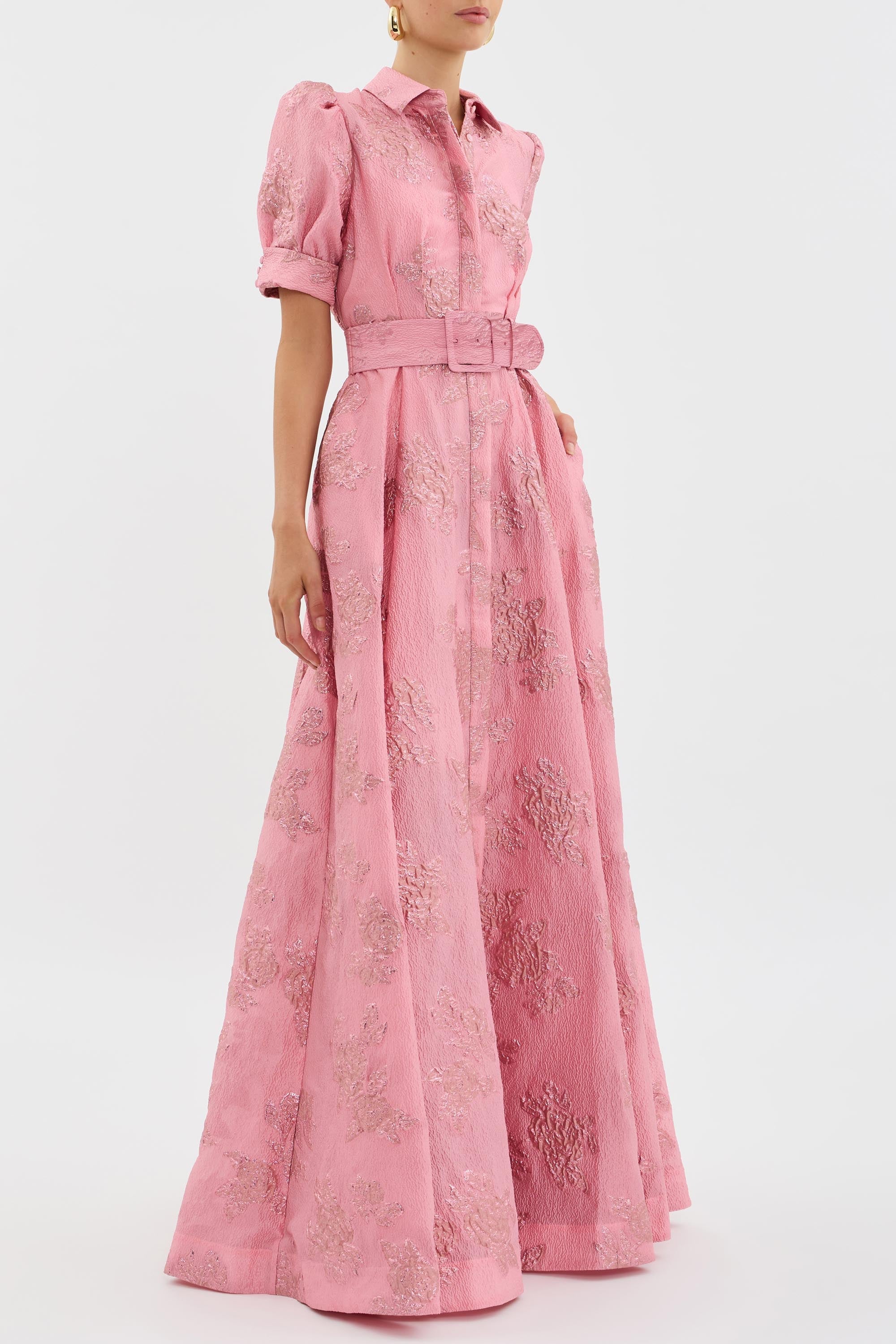 Annette Floral Embellished Button Gown in Pink | Elegant Women's Formal Dress for Weddings, Parties & Special Occasions