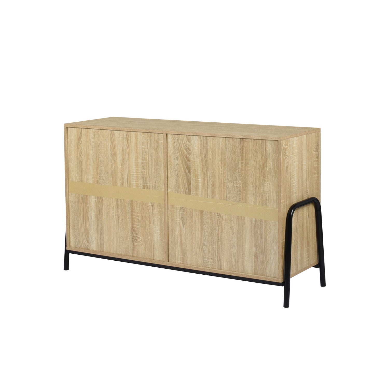 Beige Metal and Wood Sideboard with Oak Veneer - 5 Shelves Storage Cabinet for Living Room, Dining Room, or Entryway - Model Auro