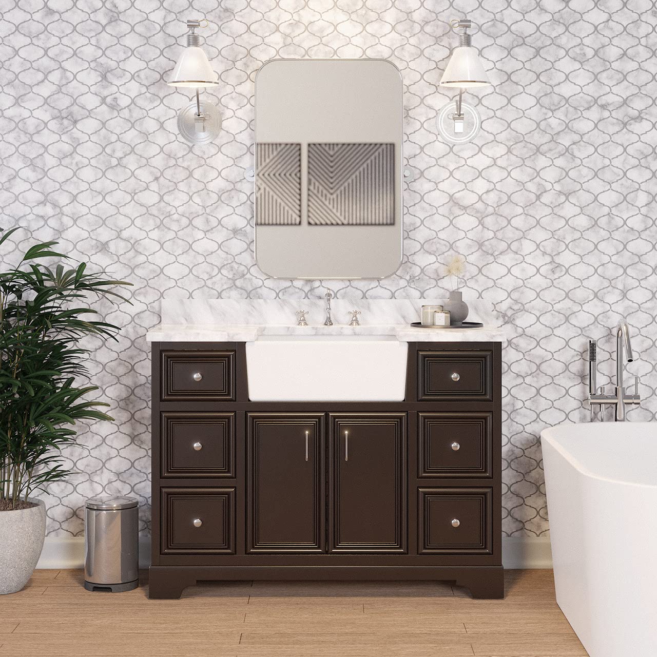 48-inch Farmhouse Vanity with Carrara Marble Top & Apron Sink - Rustic Bathroom Vanity Set with Chocolate Wood Cabinet & White Ceramic Sink for Modern Farmhouse, Cottage, or Vintage Style Bathrooms