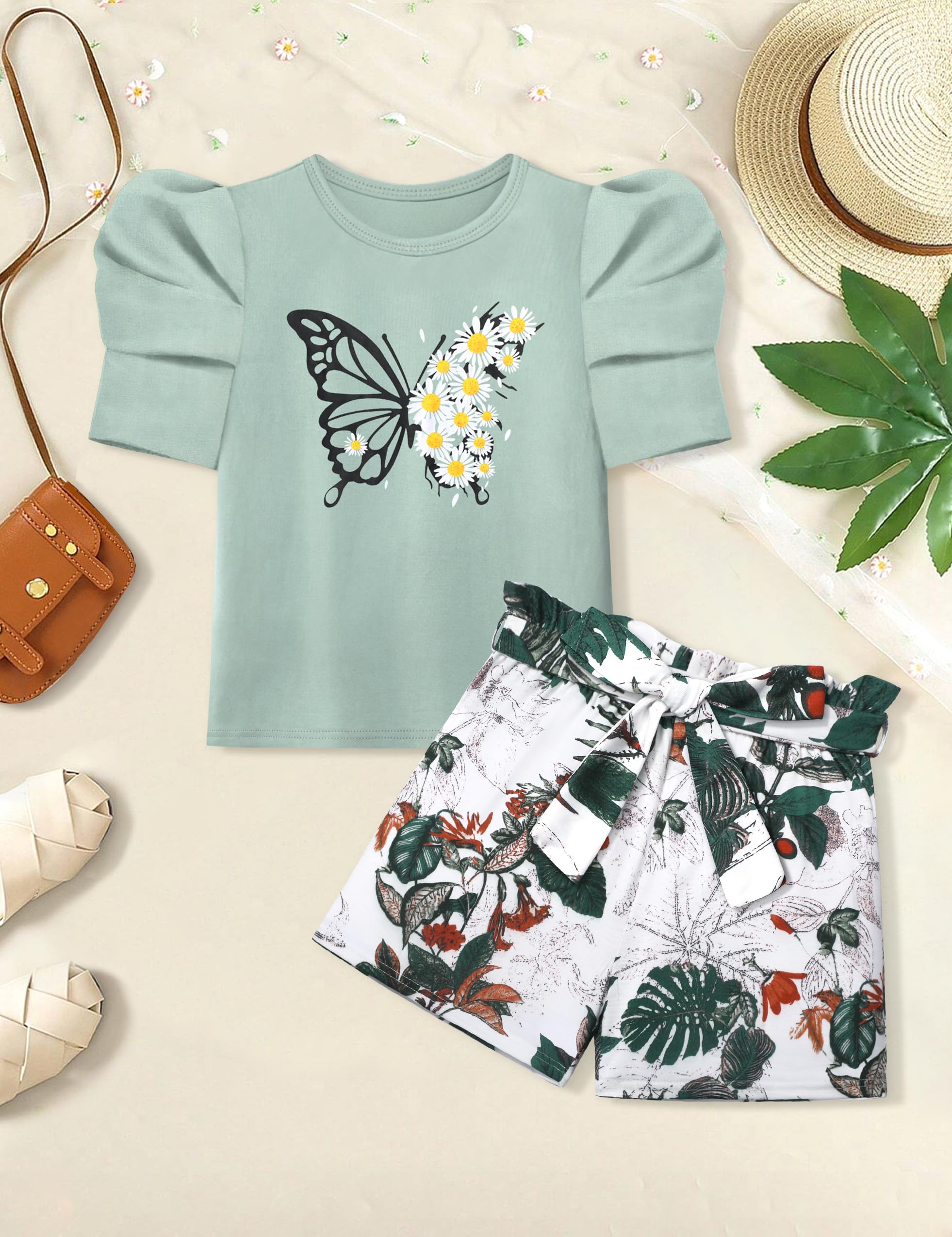 NAPU Girls Summer Outfits - 2 Piece Puff Sleeve Top & Elastic Waist Shorts Set with Belt | Cute Toddler Clothes for Playdates, Beach Vacations & Summer Activities