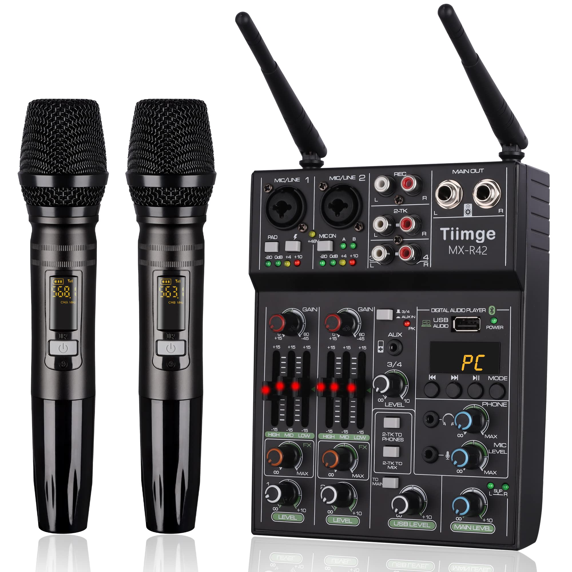 Professional 4-Channel Audio Mixer with Dual Wireless Microphones, USB/Bluetooth/MP3 Input, 48V Phantom Power - DJ Mixing Console for Karaoke, Live Performances & Home Studios | Perfect for DJs, Musicians & Podcasters