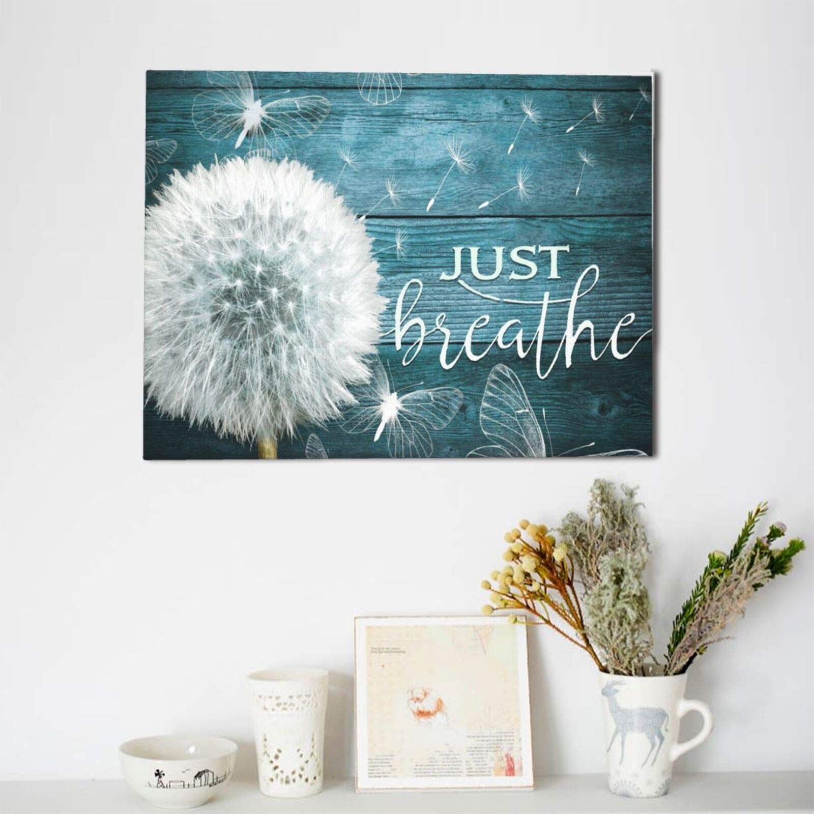 BOLDROLE Just Breathe Teal Dandelion Canvas Wall Art - 12x16 Inch Framed Floral Print for Home & Office Decor | Ready to Hang Living Room, Bedroom, Bathroom Wall Decor | White Flower Botanical Painting