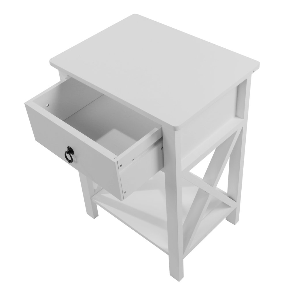 Modern White End Table with Drawer & 2-Tier Storage Shelf - Perfect for Bedroom Nightstand, Living Room Side Table & Small Space Organization