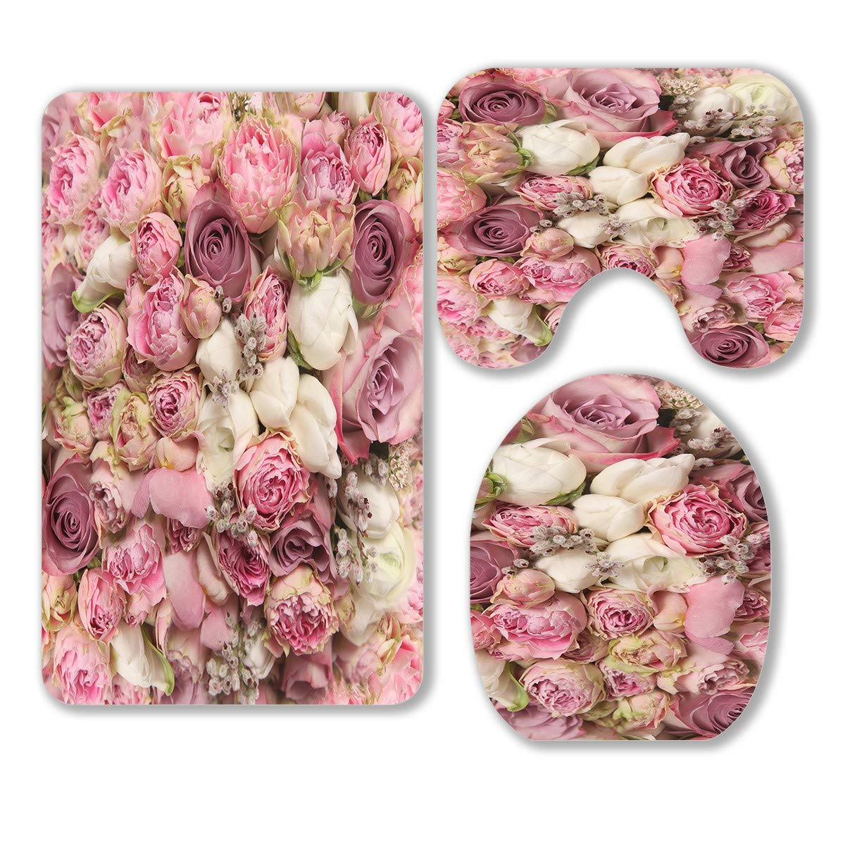 ECZJNT 3-Piece Bathroom Rug Set - Soft Non-Slip Floral Design with Contour Mat & Toilet Lid Cover | Wedding Bouquet Rose & Ranunculus Asiaticus Pattern | Perfect for Bathroom Decor, Guest Bathrooms & Home Spa Retreats