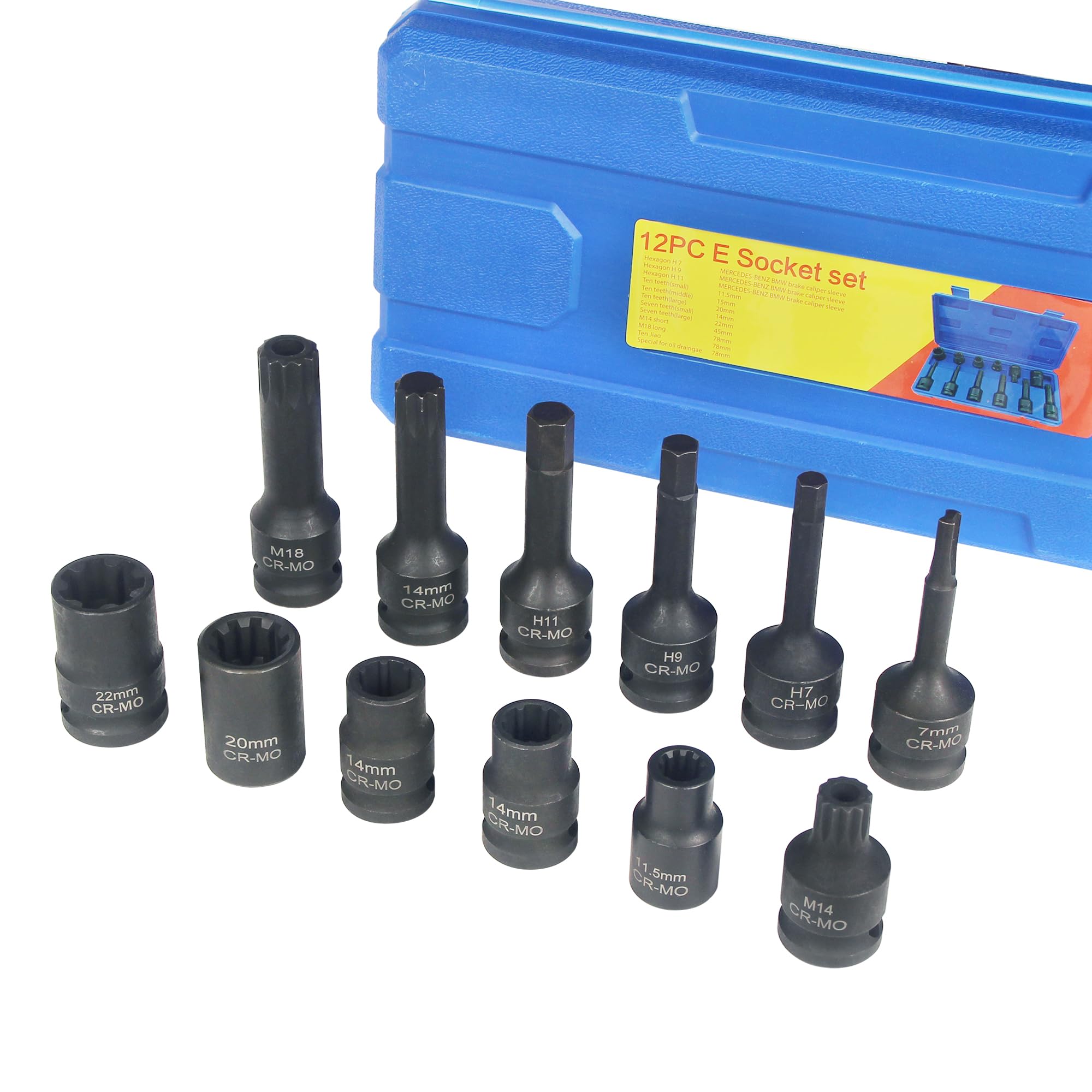 12PCS Brake Adjusting Tool Kit - 10 & 7 Teeth Caliper Socket Set (H7/H9/M14/M18) for Audi, VW, BMW, Benz, Porsche, Ford - Perfect for Brake Maintenance, Wheel Axle Service & Oil Drain Plug Removal