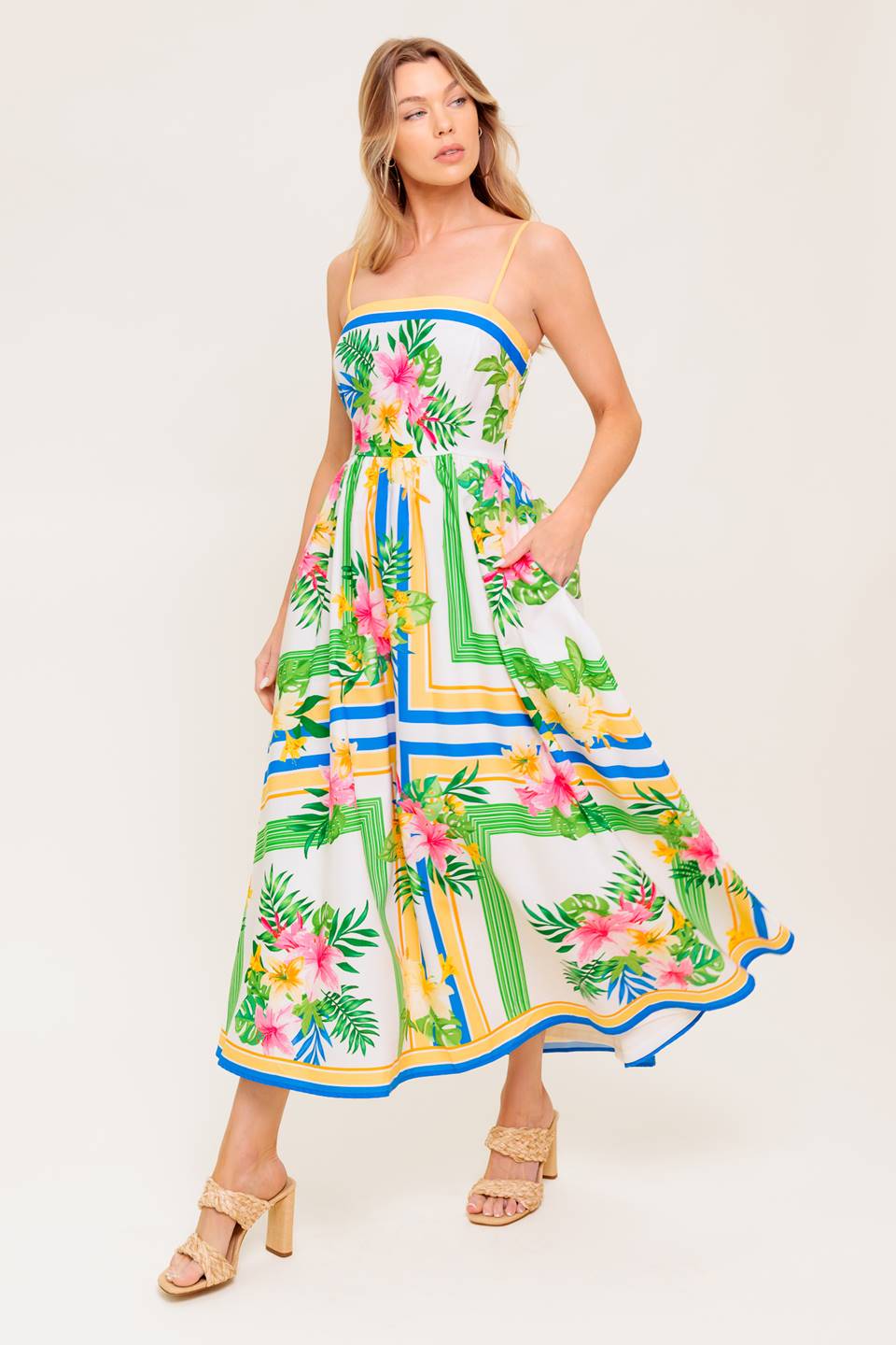 Floral Print Midi Dress with Pockets - Elegant Floral Harmony Summer Dress for Women, Perfect for Garden Parties, Brunch Dates & Vacation Outfits