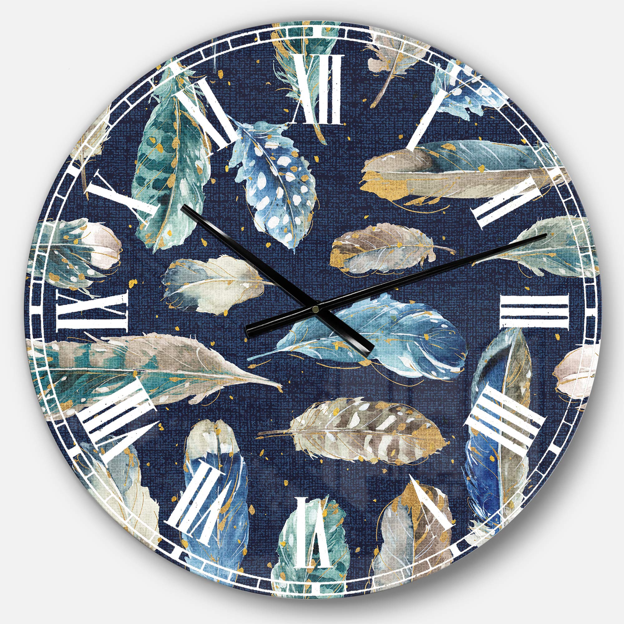 Designart Indigold Metallic Feathers Pattern Round Wall Clock - Traditional Circular Metal Wall Art for Home, Living Room, Bedroom & Office Decor | Perfect for Boho Chic Interiors, Modern Farmhouse Style & Contemporary Spaces