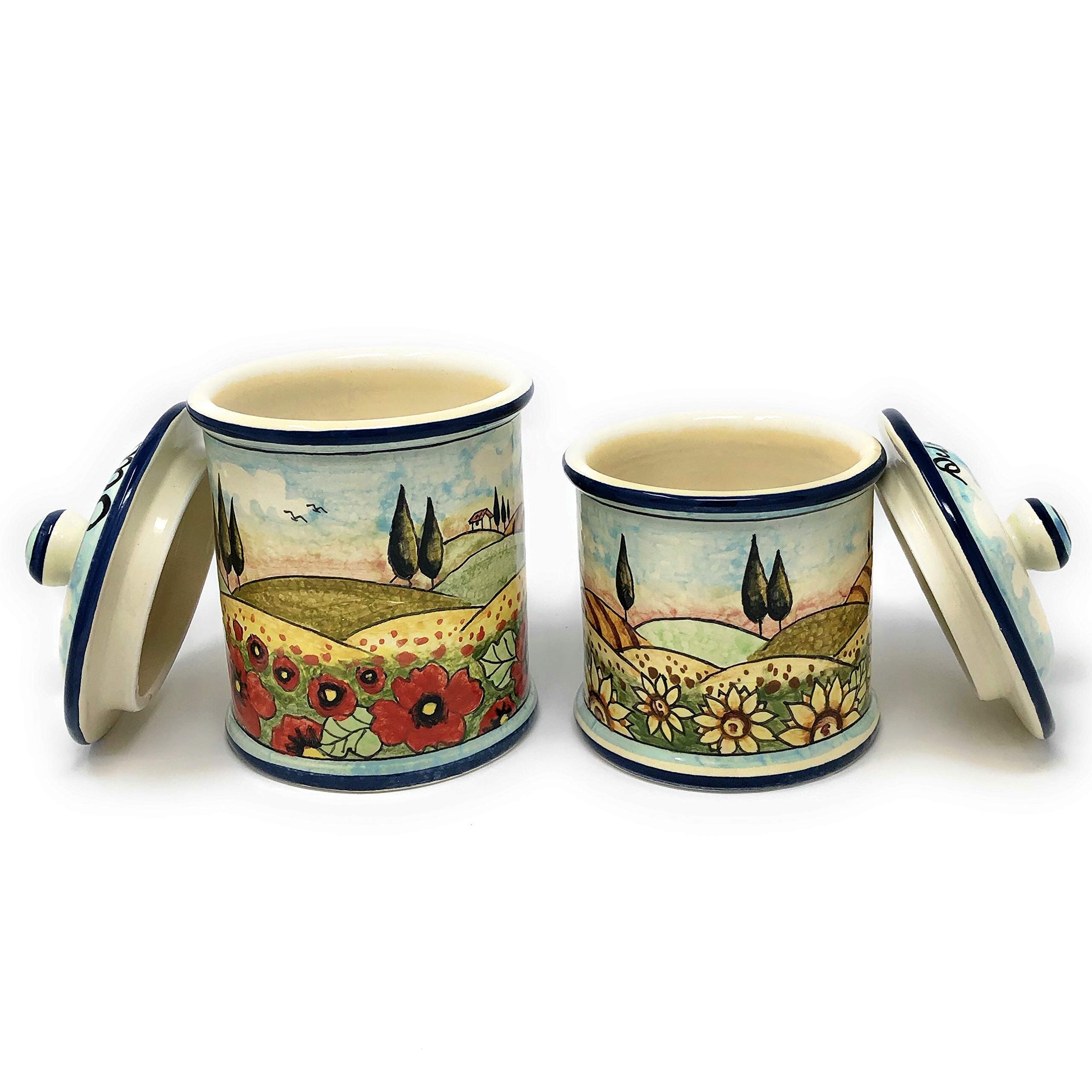 Italian Ceramic Food Storage Jars Set - Hand Painted Tuscan Landscape Decorated Kitchen Canisters for Salt, Sugar & Spices | Artisan Pottery Made in Italy | Perfect for Rustic Kitchen Decor & Gift Giving