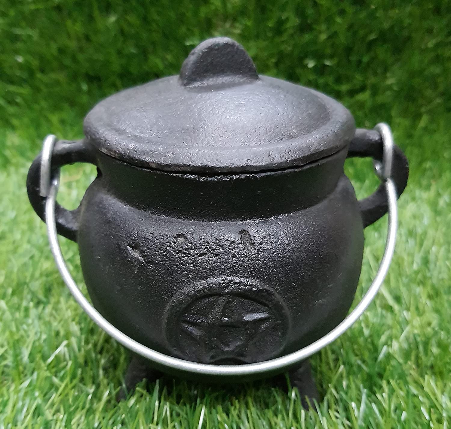 Black Iron Cauldron with Lid & Handle - Pentacle Design Incense Burner for Wicca, Rituals & Home Decor