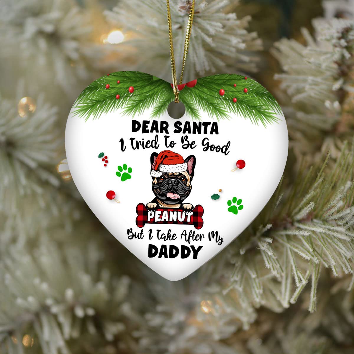 Personalized French Bulldog Christmas Pet Ornament with Santa Hat - 'Dear Santa I Tried to Be Good' Dog Gift for Dad, 3.2 Inch Hanging Heart Decor - Perfect for Holiday Tree, Pet Lover Gifts & Winter Home Decor