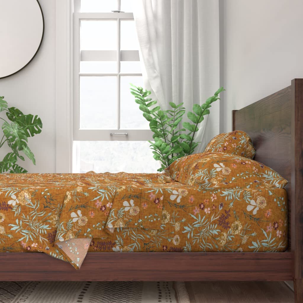 Spoonflower 100% Cotton Twin 3-Piece Sheet Set - Vintage Mustard Floral Rose Print Bedding for Autumn Fall & Spring | Soft Custom Duvet Cover & Pillowcases for Cozy Home Decor