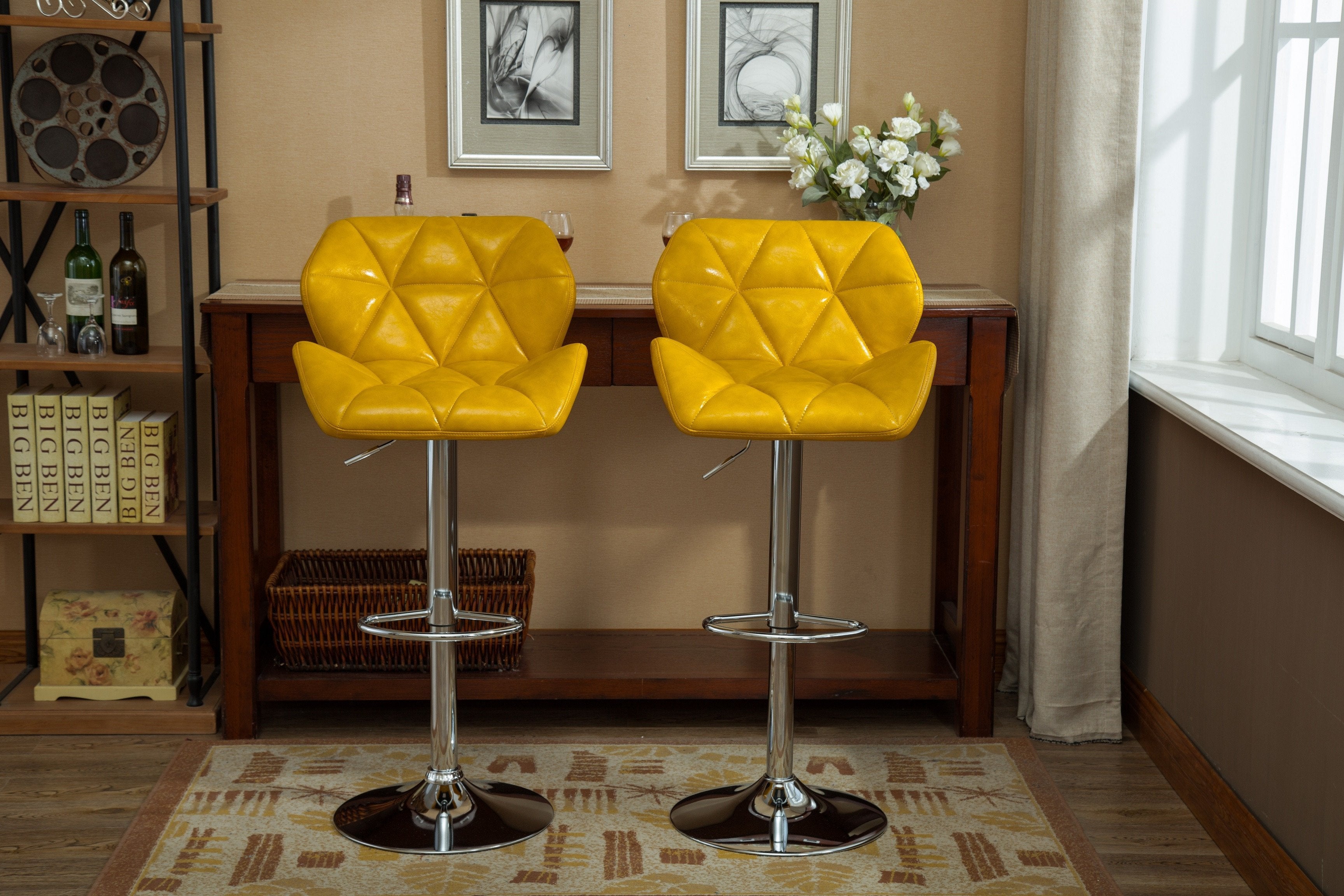 Roundhill Furniture Glasgow Contemporary Tufted Adjustable Height Hydraulic Bar Stools, Set of 2, Yellow - Perfect for Kitchen Islands, Home Bars & Modern Dining Areas