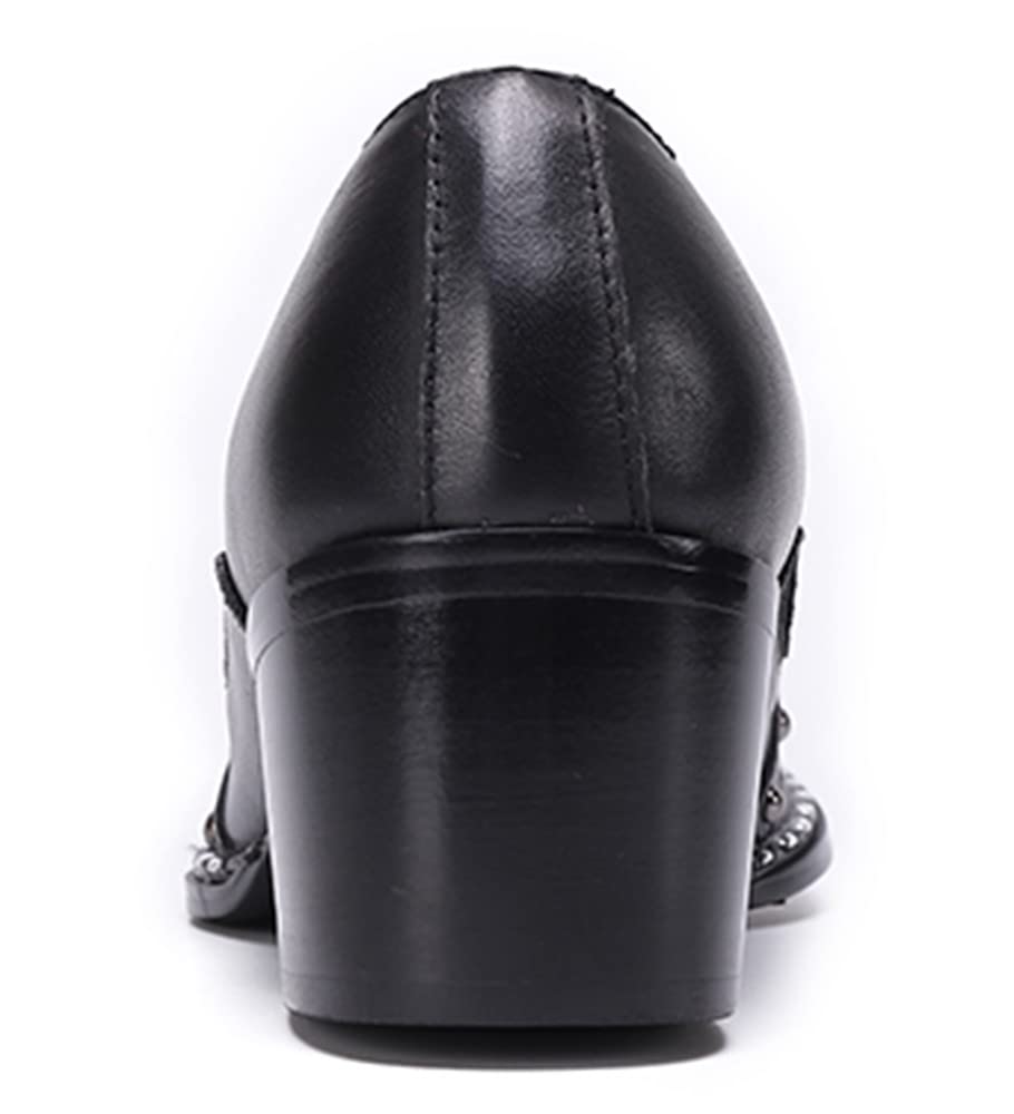 Santimon Men's Genuine Leather Loafers with Stacked Heel & Metal Cap Toe - Classic Snaffle Bit Design for Formal Wear, Business Meetings & Wedding Attire