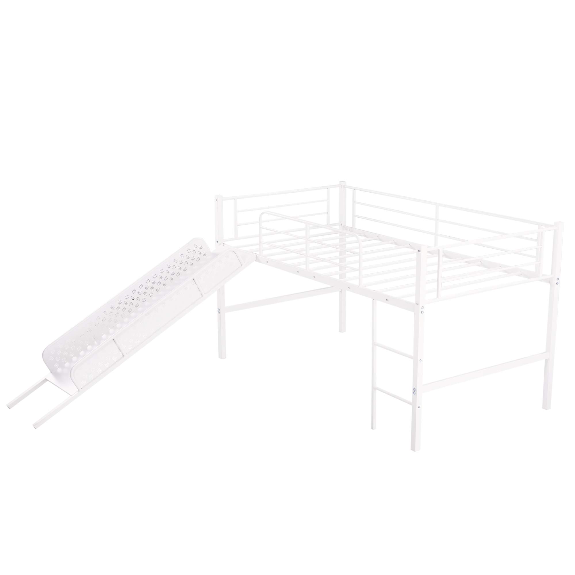 **Twin Loft Bed for Kids - Sturdy Metal Low Loft Bed with Built-in Ladder & Safety Guard Rail, Multifunctional Design with Slide, No Box Spring Required (White) - Perfect for Small Bedrooms & Playrooms**