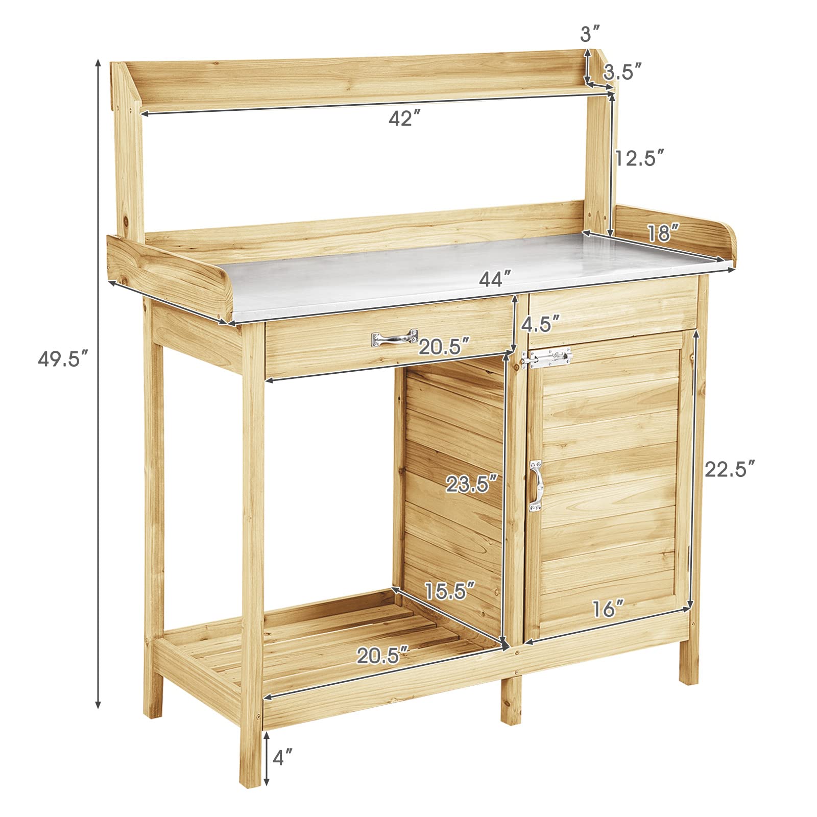 SAFSTAR Outdoor Potting Bench Table - Wooden Garden Workstation with Drawer, Storage Cabinet, Open Shelf & Side Hooks - Durable Metal Tabletop Gardening Workbench for Backyard, Balcony & Patio - Perfect for Planting, Potting & Organizing Garden Tools