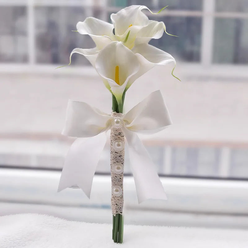 White Calla Lily Bridal Bouquet - Handmade Artificial Silk Wedding Flowers for Bridal Shower, Ceremony & Home Decor