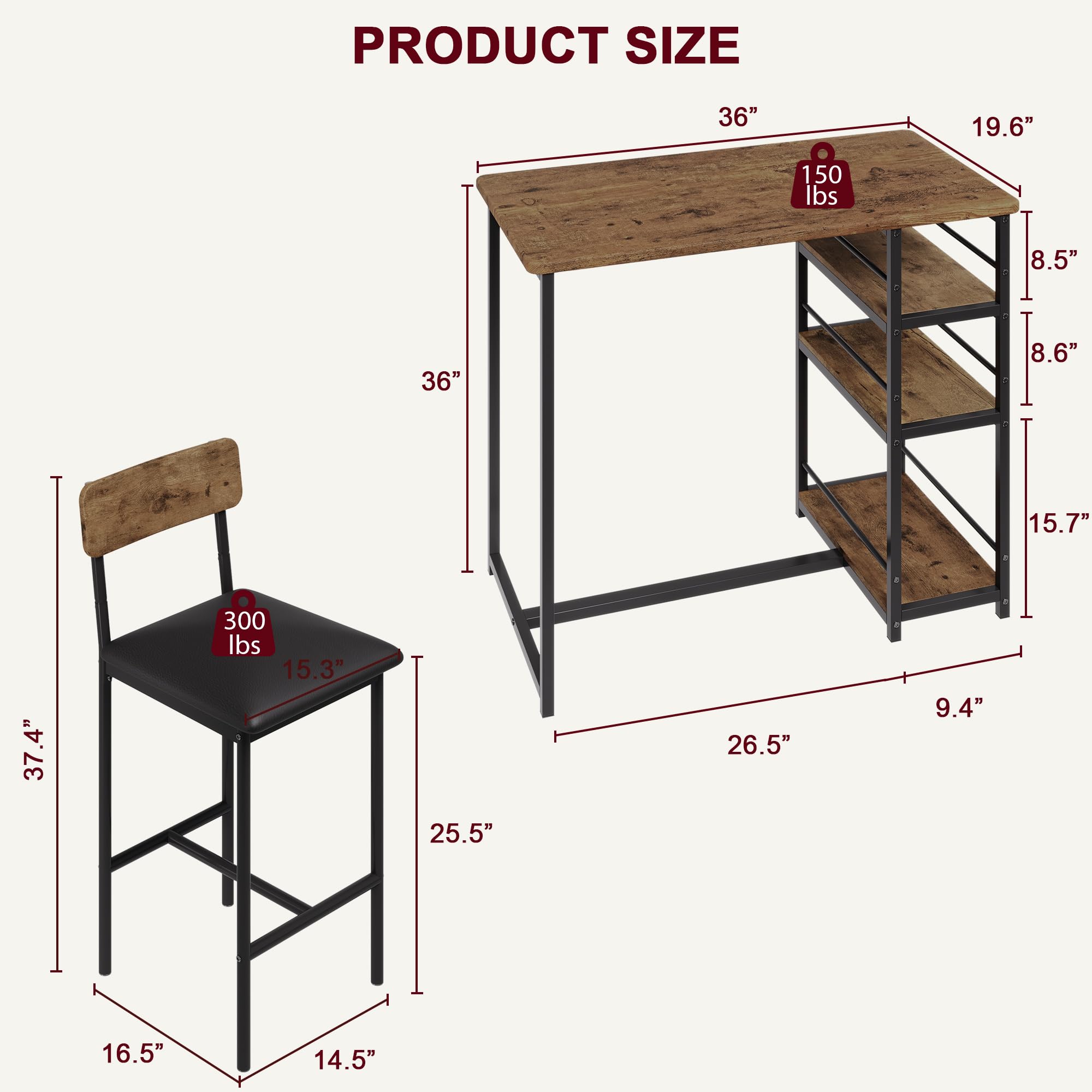 Rustic Brown 3-Piece Counter Height Kitchen Table Set with 3 Storage Shelves & 2 Upholstered Bar Stools - Space Saving Dining Set for Small Apartments, Breakfast Nook, Kitchen Island or Compact Dining Areas