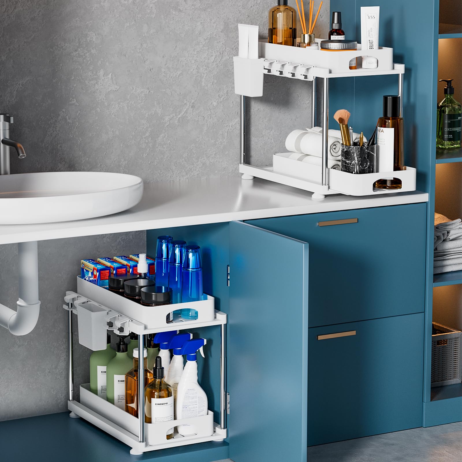 2 Pack Under Sink Organizers & Storage - Adjustable 2-Tier Sliding Cabinet Organizer for Kitchen, Bathroom, Laundry - White | Space-Saving Solution for Cleaning Supplies, Toiletries & Household Items